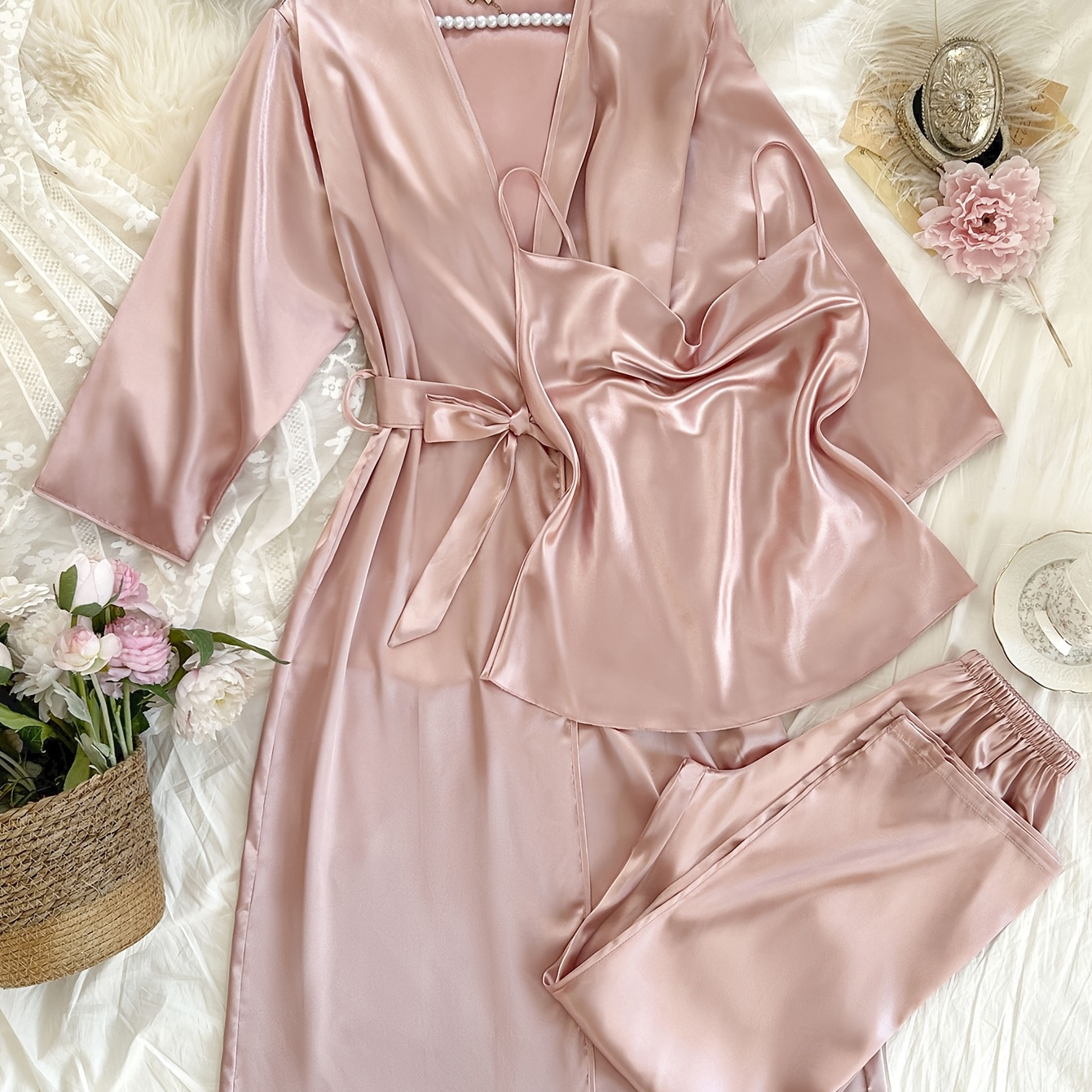 

Women's Elegant Satin Pajama Set, V-neck Long Robe With Matching Pants And Eye Mask, 4pcs Polyester 100% Sleepwear, Solid Color, Comfortable And Sexy, 90gsm Woven Fabric