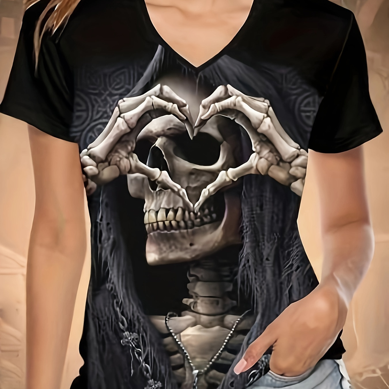 

Skull Print V Neck T-shirt, Casual Short Sleeve T-shirt For Spring & Summer, Women's Clothing