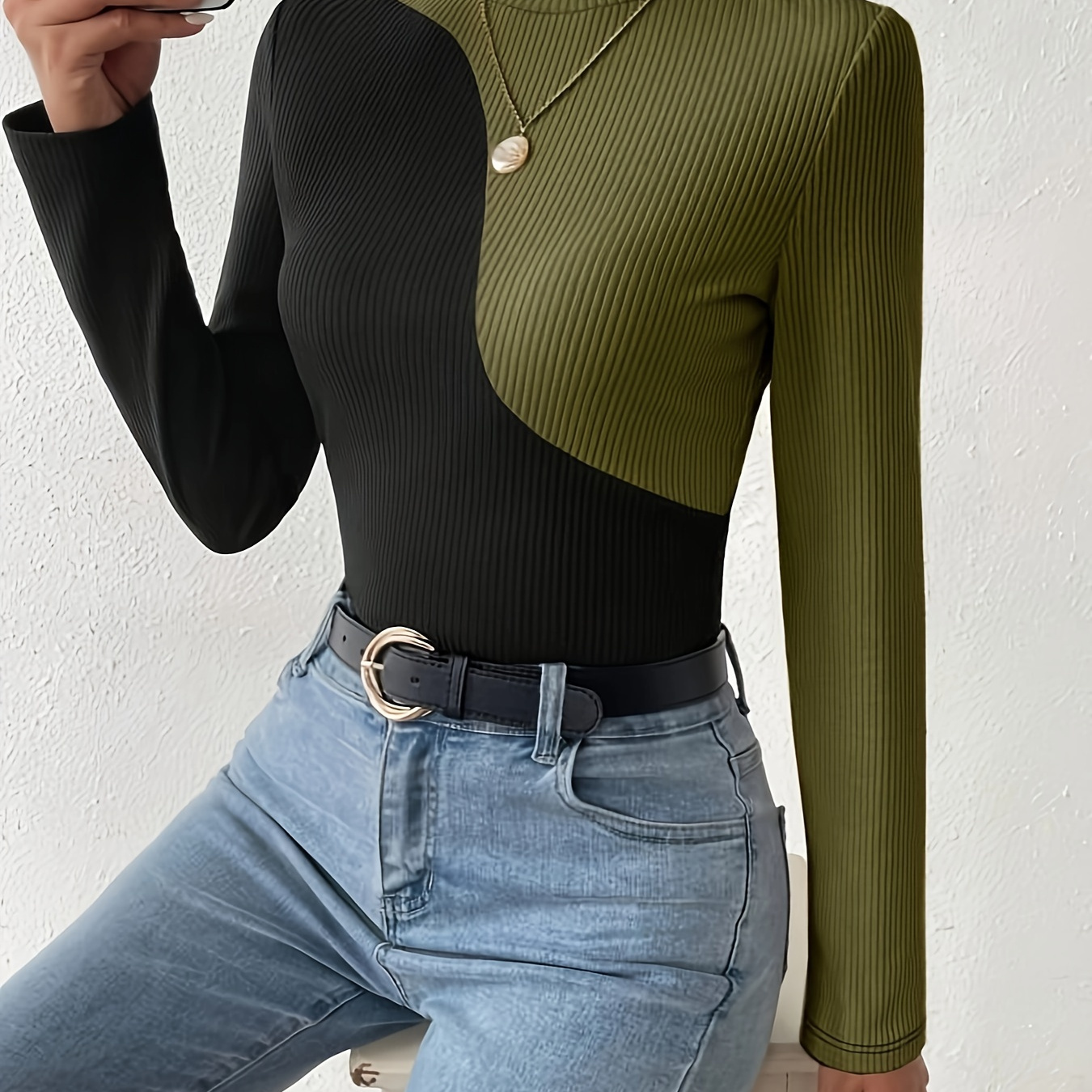 

Color Block Turtle Neck T-shirt, Elegant Long Sleeve Knitted T-shirt For Spring & Fall, Women's Clothing