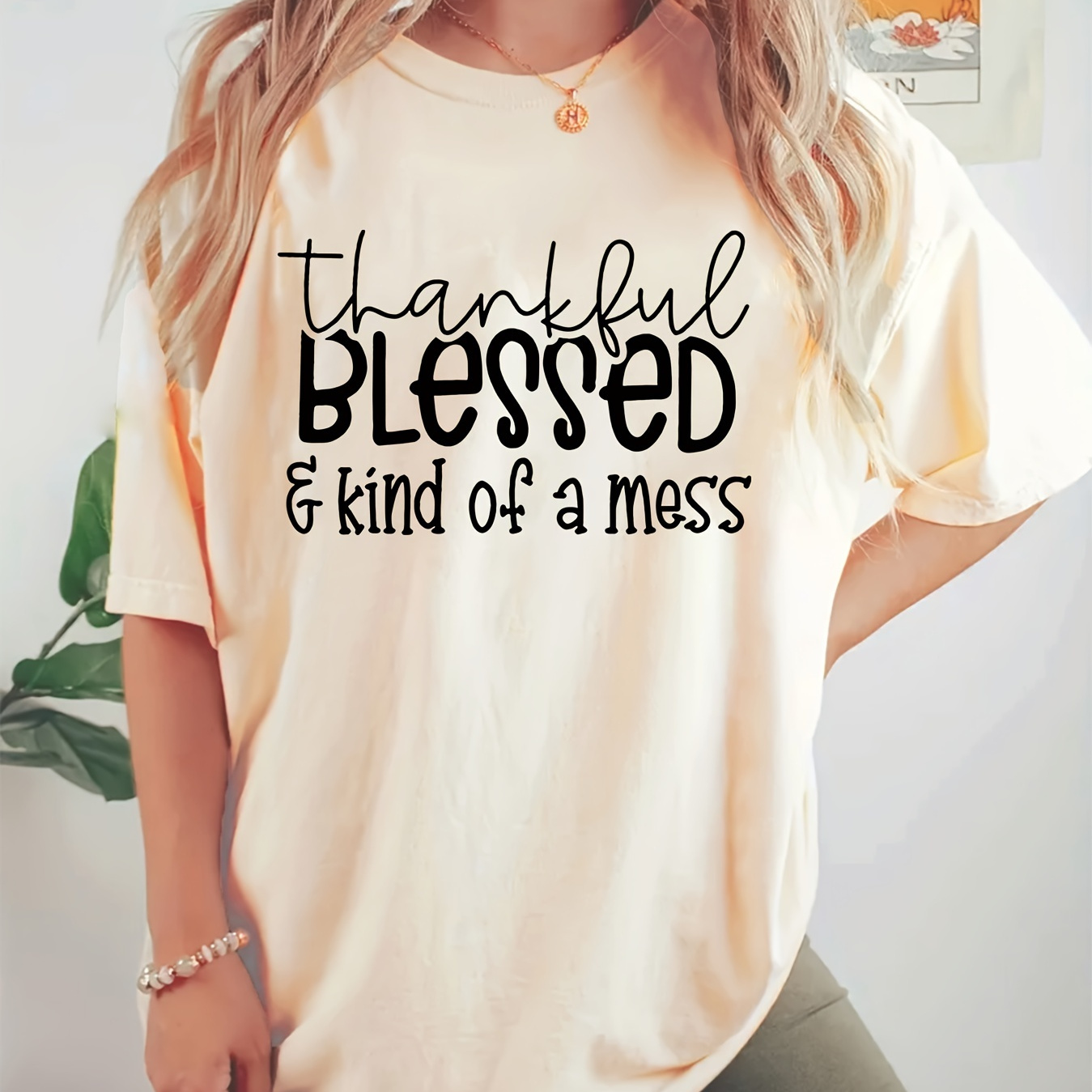 

Plus Size Blessed Print T-shirt, Casual Half Sleeve Crew Neck Top For Spring & Summer, Women's Plus Size Clothing