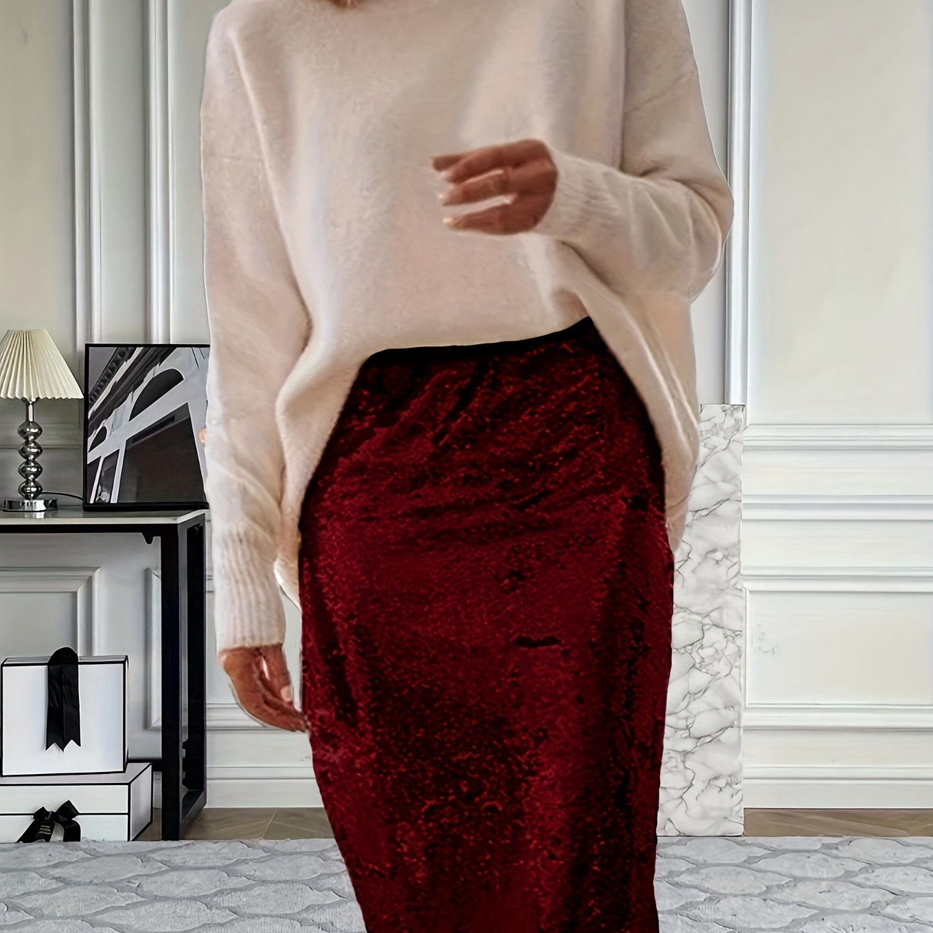 

Sequined Elastic Waist Bodycon Skirt, Elegant Knee Length Pencil Skirt, Women's Clothing