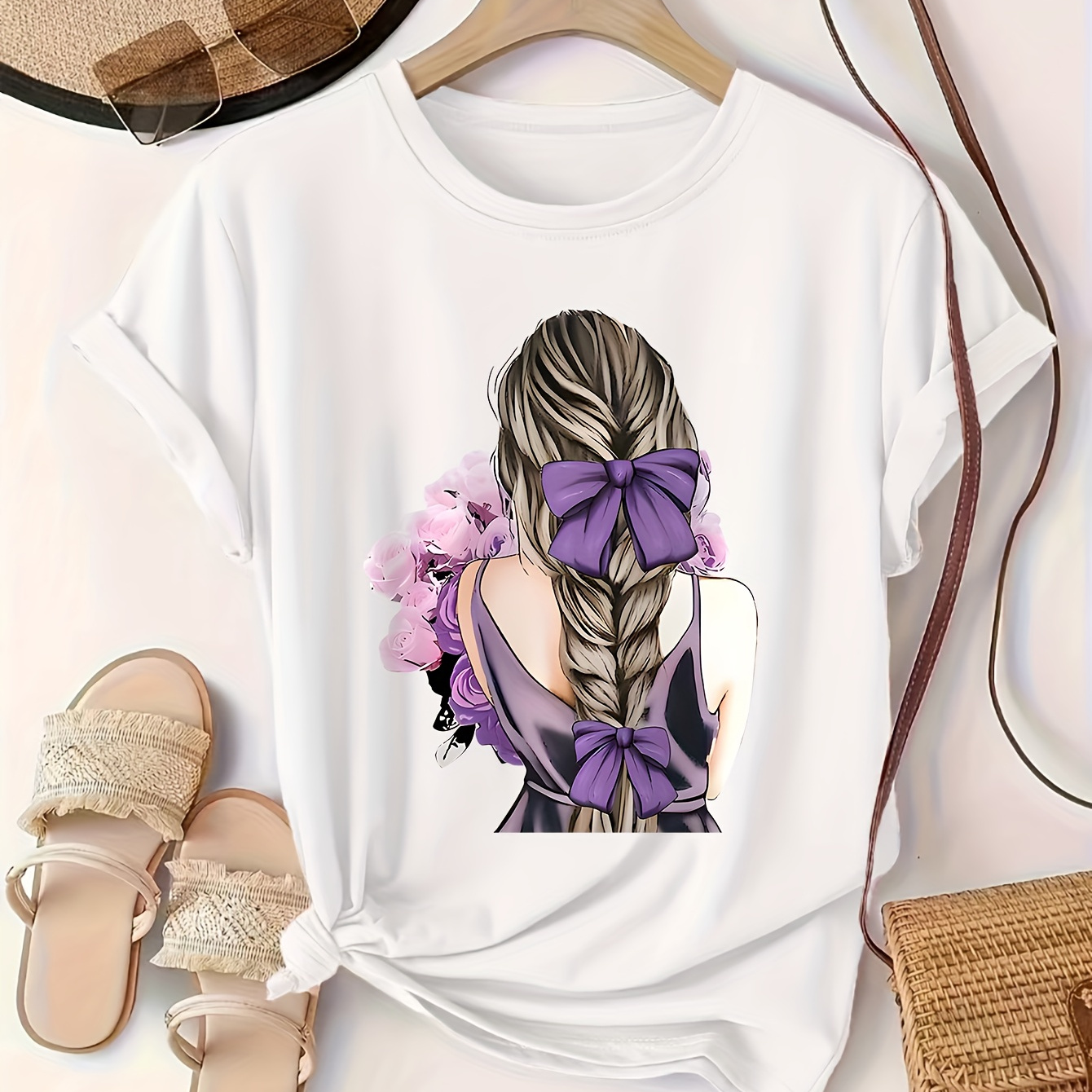 

Beautiful Lady Print T-shirt, Short Sleeve Crew Neck Casual Top For Summer & Spring, Women's Clothing