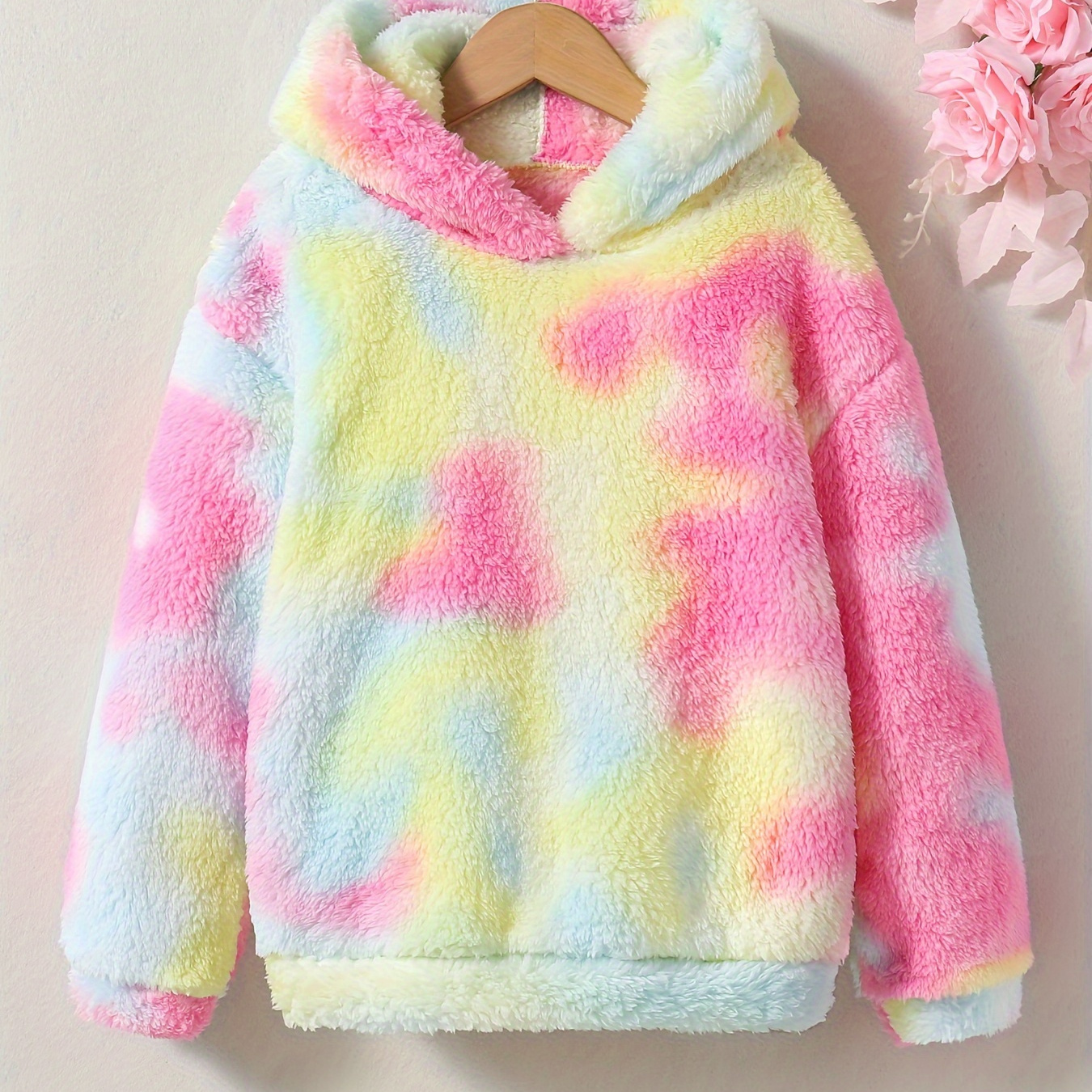 

Tie Dye Color Plush Warm Long Sleeve Hooded Sweatshirt For Girls, Fall Winter Creative Hoodie Top For Girls