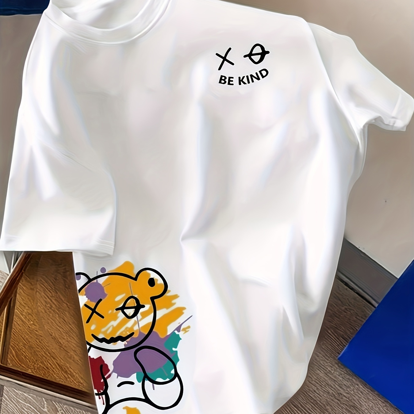 

Men's Casual Crew Neck T-shirt, 100% Polyester Knit Fabric, Stretch, Summer Striped Top For Daily, Beach, Outdoor Activities, Mature Fit, 180gsm - Yellow With Bear Graphic & "be Kind" Message