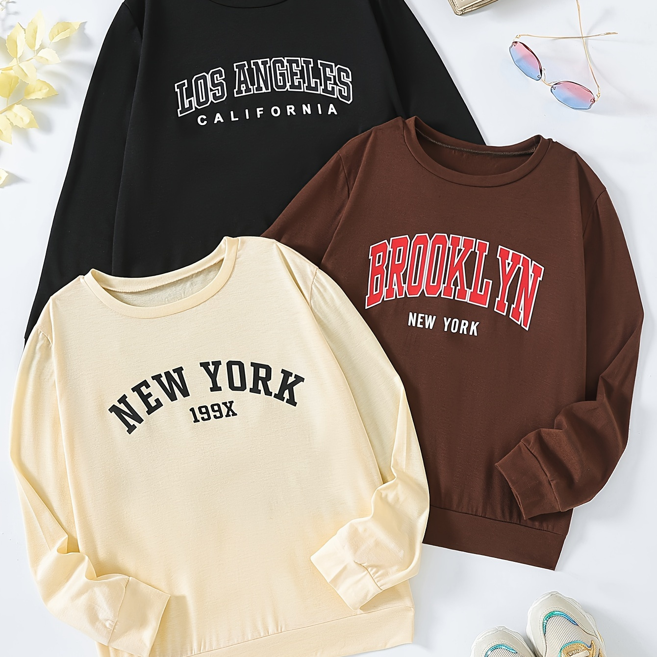 

3pcs, Letter Pattern Girls Fashion Sweatshirts, Long Sleeve Pullover Sports Casual Loose Tops