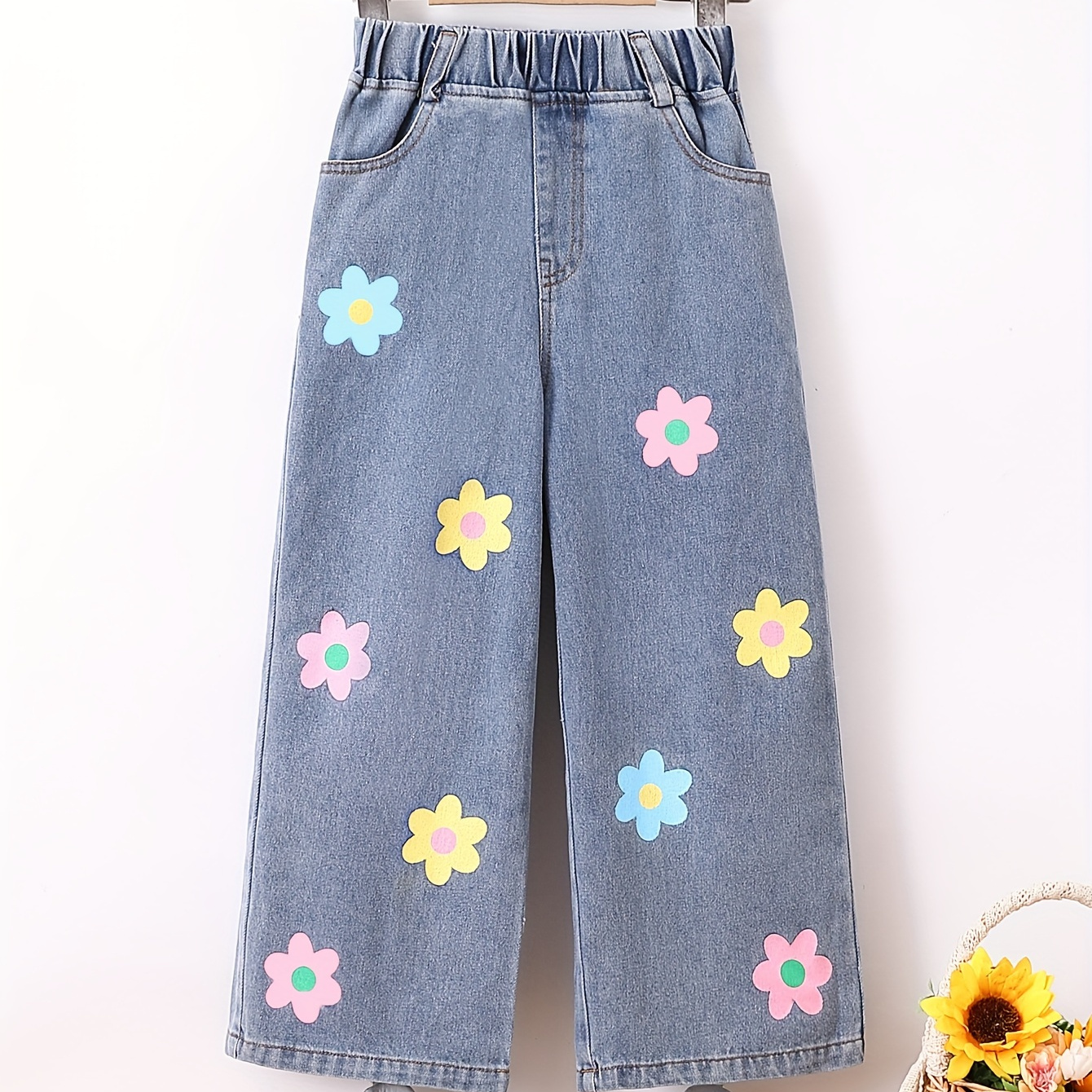 

Cute Floral Print Girls Waist Wide Leg Jeans For Fall