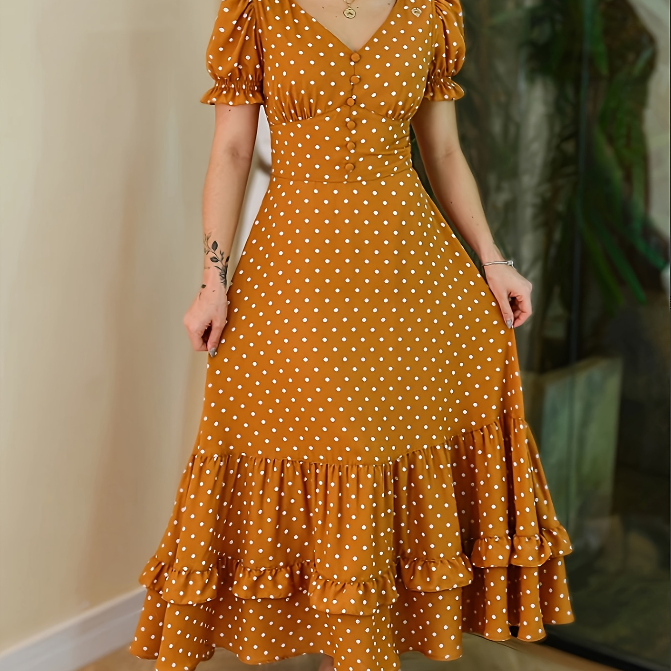 

Elegant Polka Dot V-neck Midi Dress With Ruffle Sleeves And Tiered Skirt - Orange & White, Spring/summer Women’, Hand Wash Or , Occasion Attire|flared Hem Dress| Texture