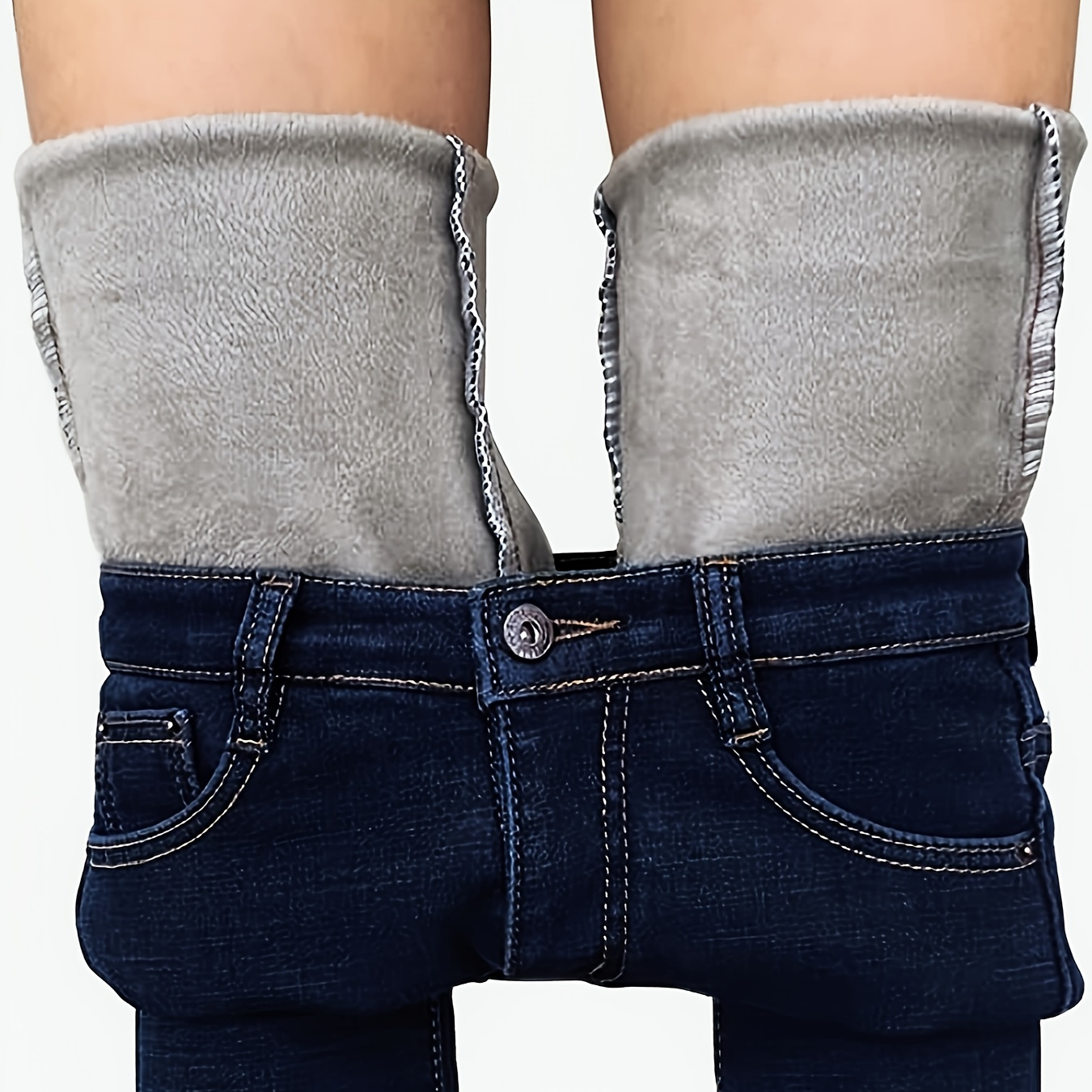 Fleece Liner Casual Skinny Jeans Keep Warm Slant Pockets - Temu