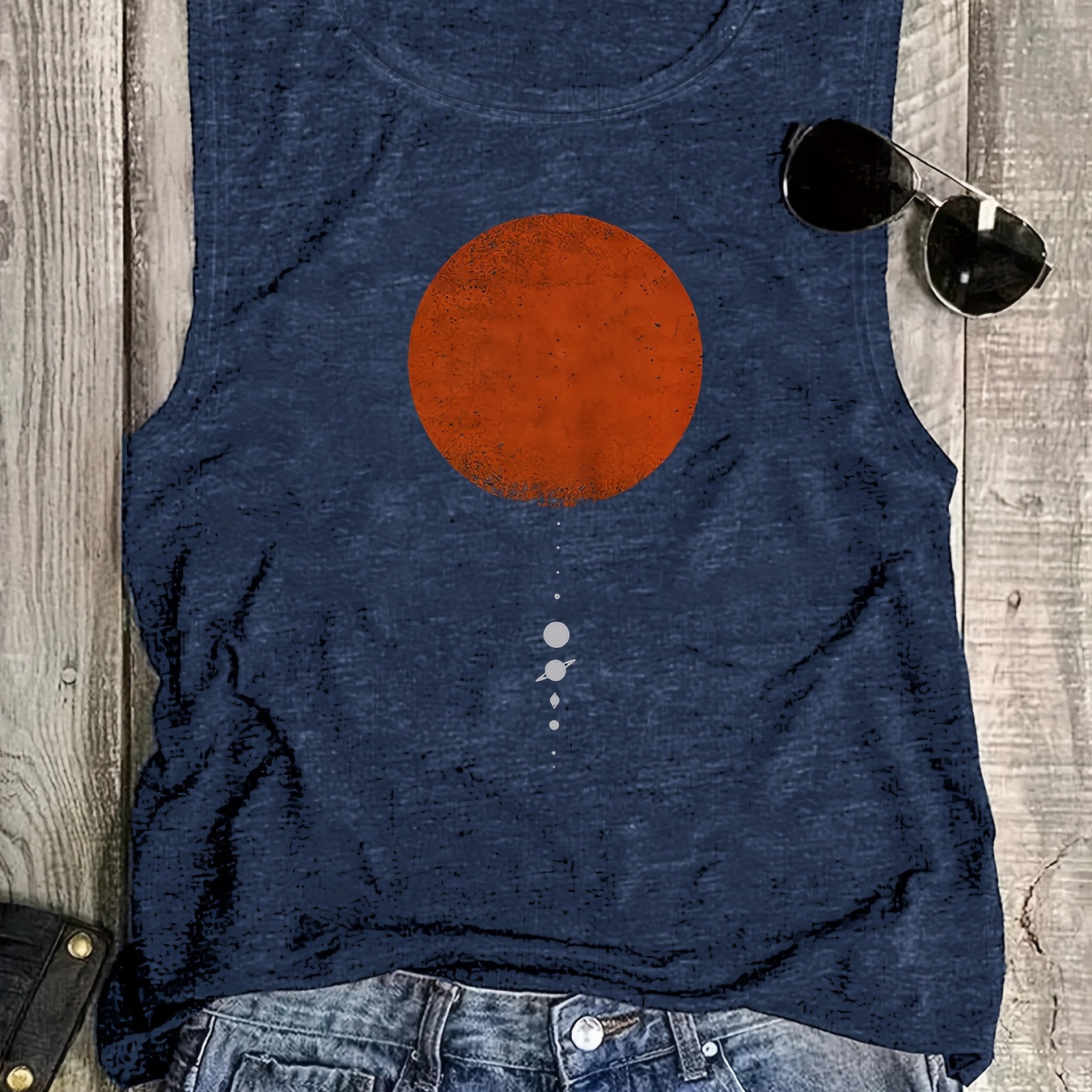 

Planet Print Tank Top, Sleeveless Casual Top For Summer & Spring, Women's Clothing