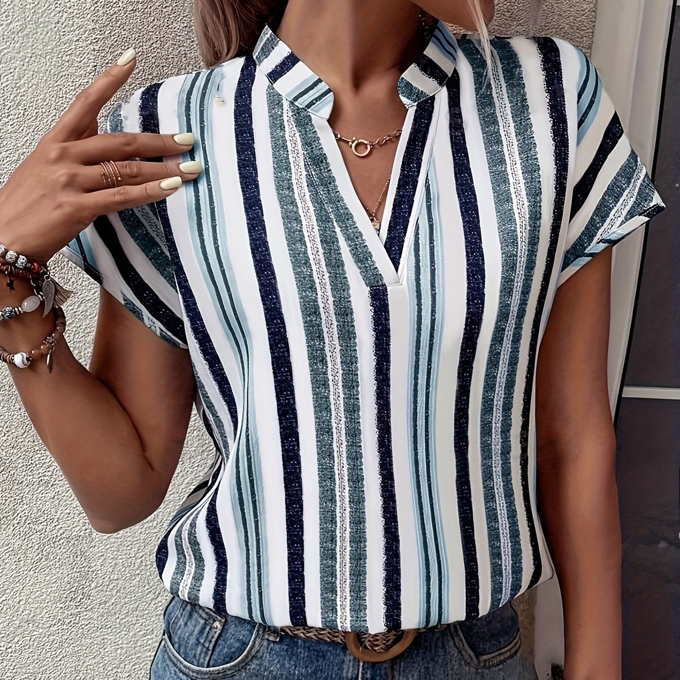 

Striped Print Notched Neck Blouse, Casual Short Sleeve Blouse For Spring & Summer, Women's Clothing