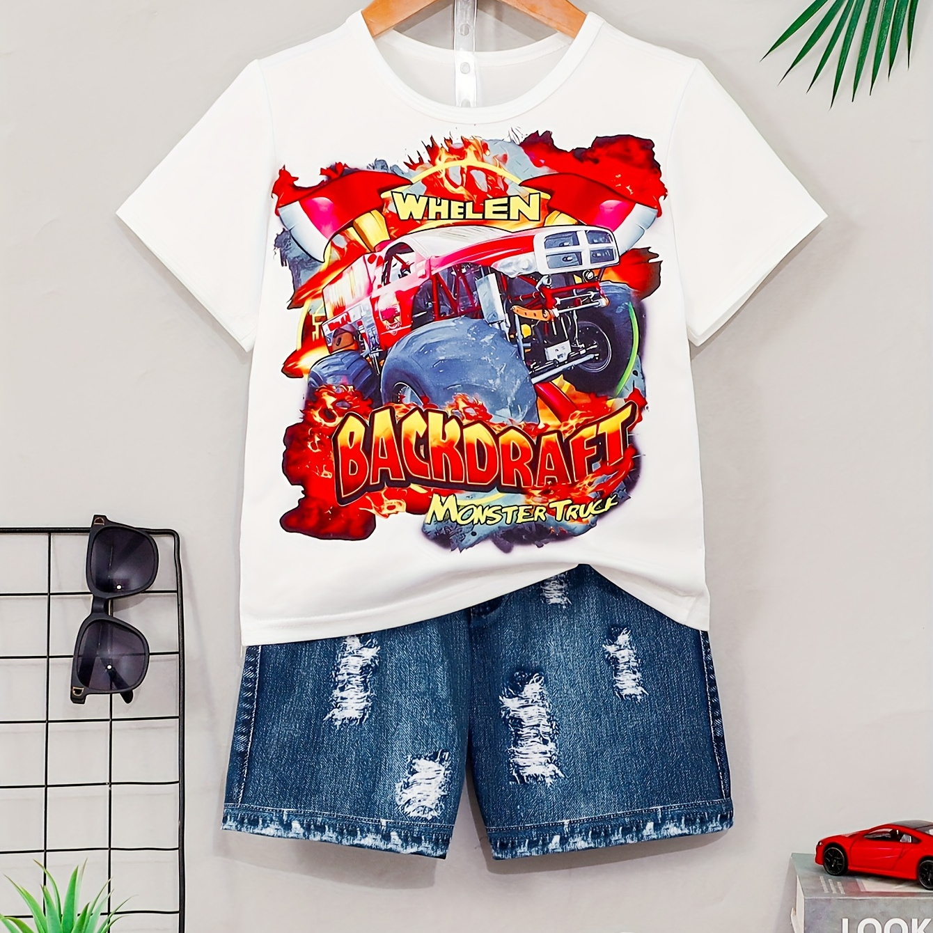 

2pcs Boys Casual Monster Truck Print Versatile Short Sleeve T-shirt & Imitation Denim Shorts Set, Cool, Lightweight And Comfy Summer Clothes