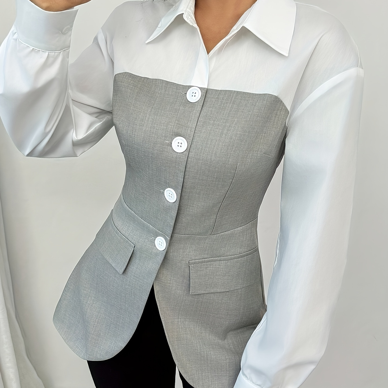 

Women's Elegant Peplum Shirt, Long Sleeve, Solid Color, Polyester 100%, Lapel Collar, Single Breasted With Button Detail, Regular Length, Woven Fabric, 126/200 G/m², For Spring/fall - Adult Fashion