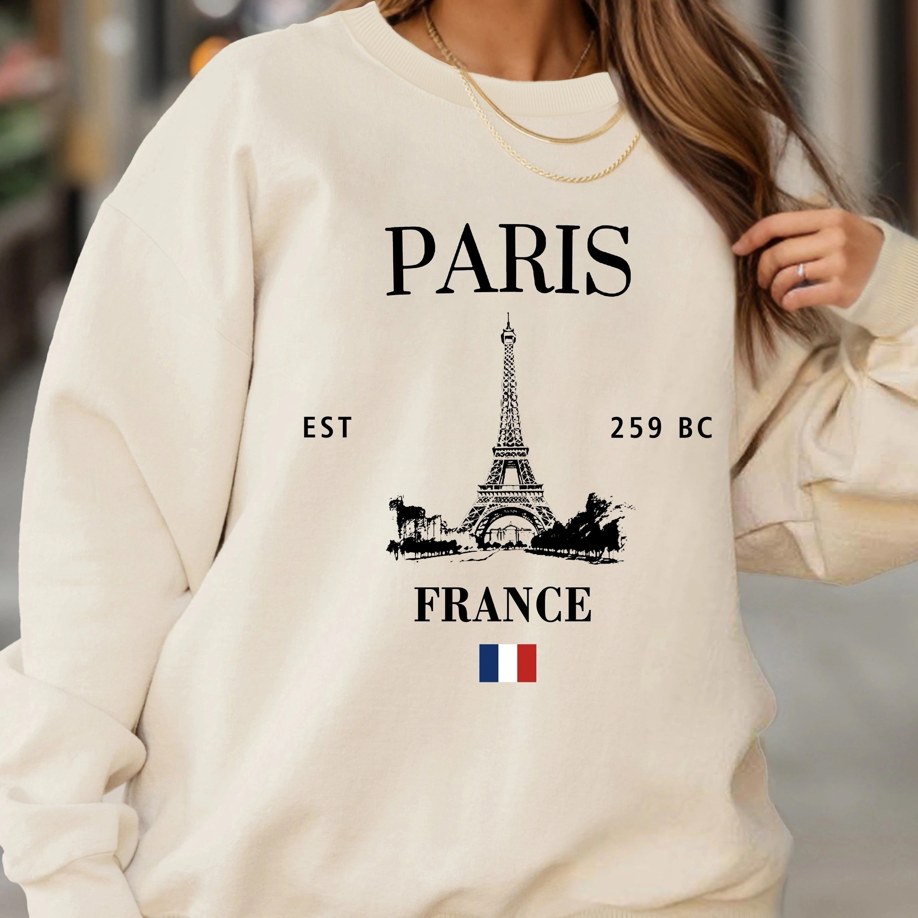 

Paris Print Loose Sweatshirt, Casual Long Sleeve Crew Neck Sweatshirt, Women's Clothing