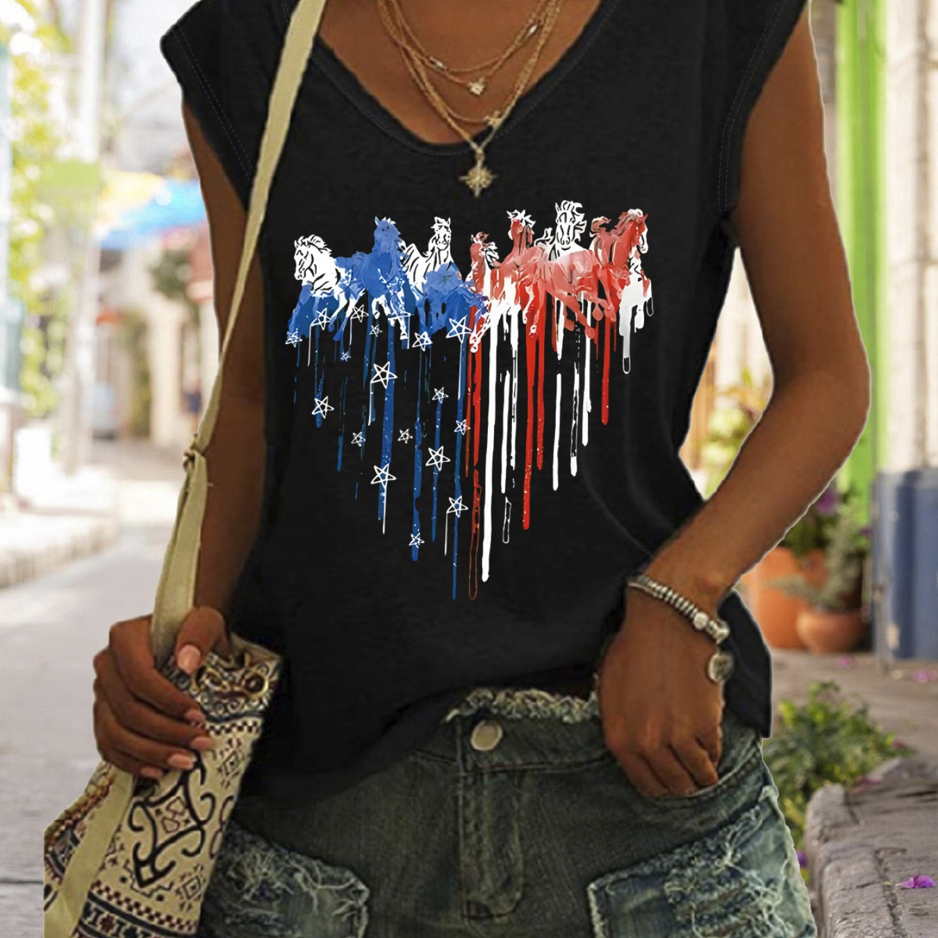 

Heart Print Tank Top, Cap Sleeve Casual Top For Summer & Spring, Women's Clothing