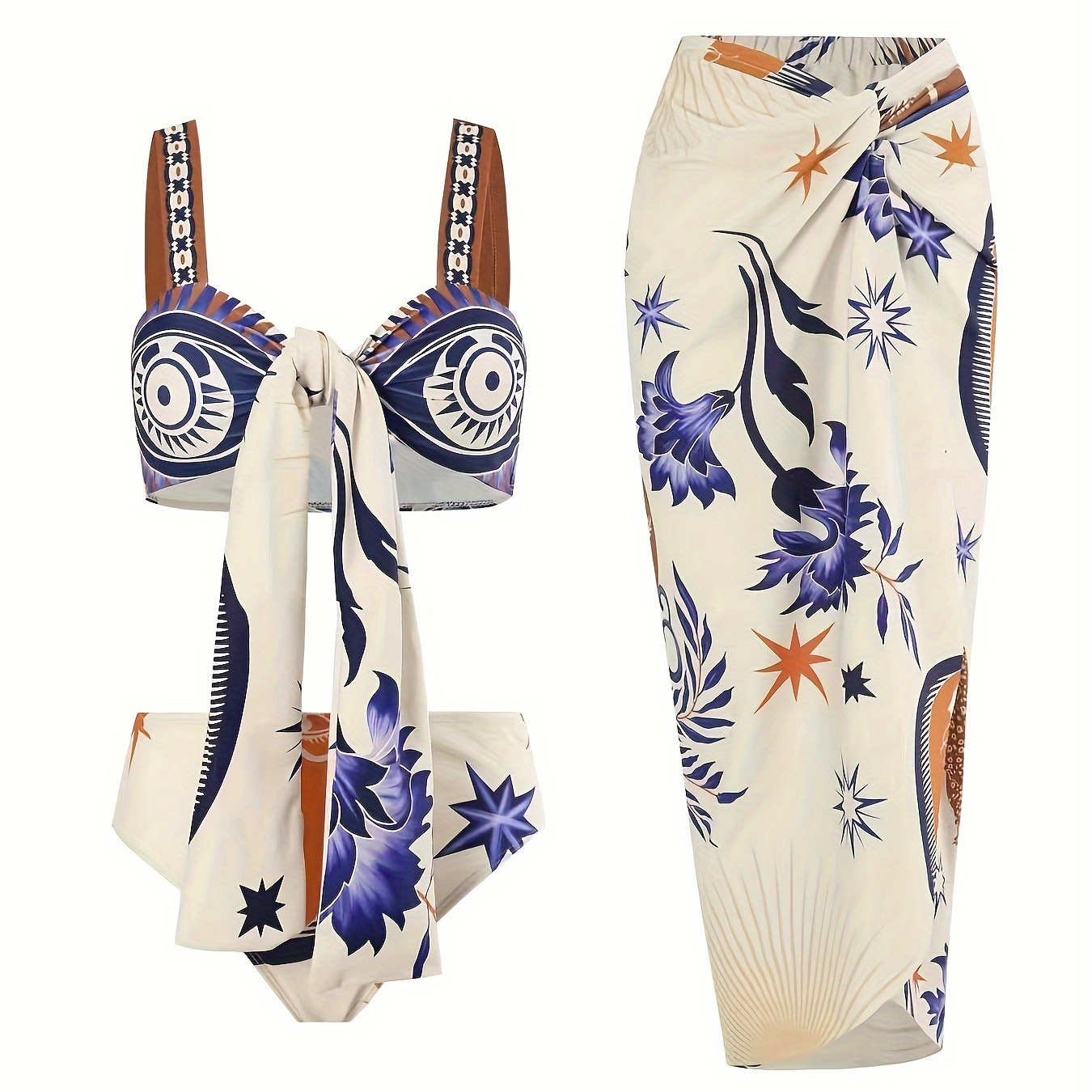

Floral Pattern 3 Piece Set Bikini, Knotted Front High Cut With Cover Up Skirt Swimsuits, Women's Swimwear & Clothing