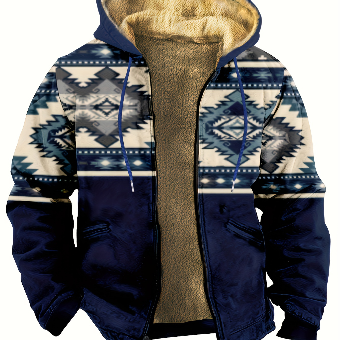 

Ethnic Style Warm Fleece Hooded Jacket, Men's Casual Warm Thick Zip Up Hoodie For Fall Winter