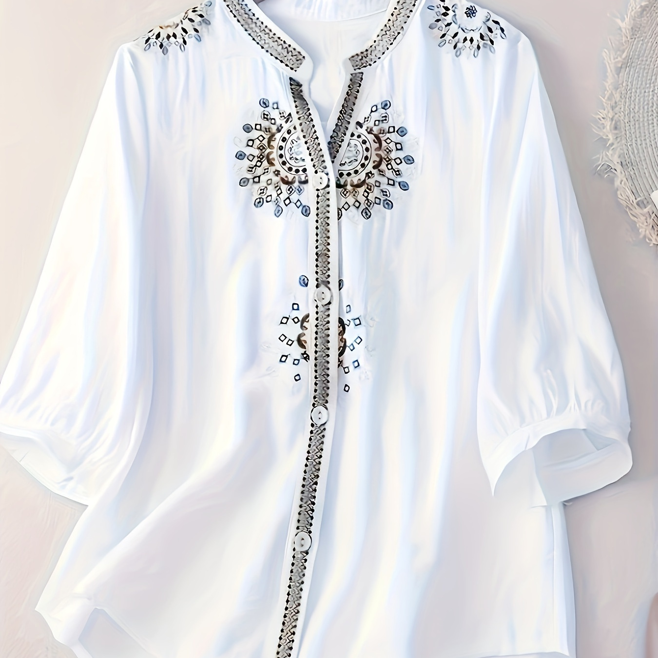 

Chic Embroidered Short Sleeve Blouse - Breathable Polyester, Machine Washable, Semi-sheer With Stand Collar For Women