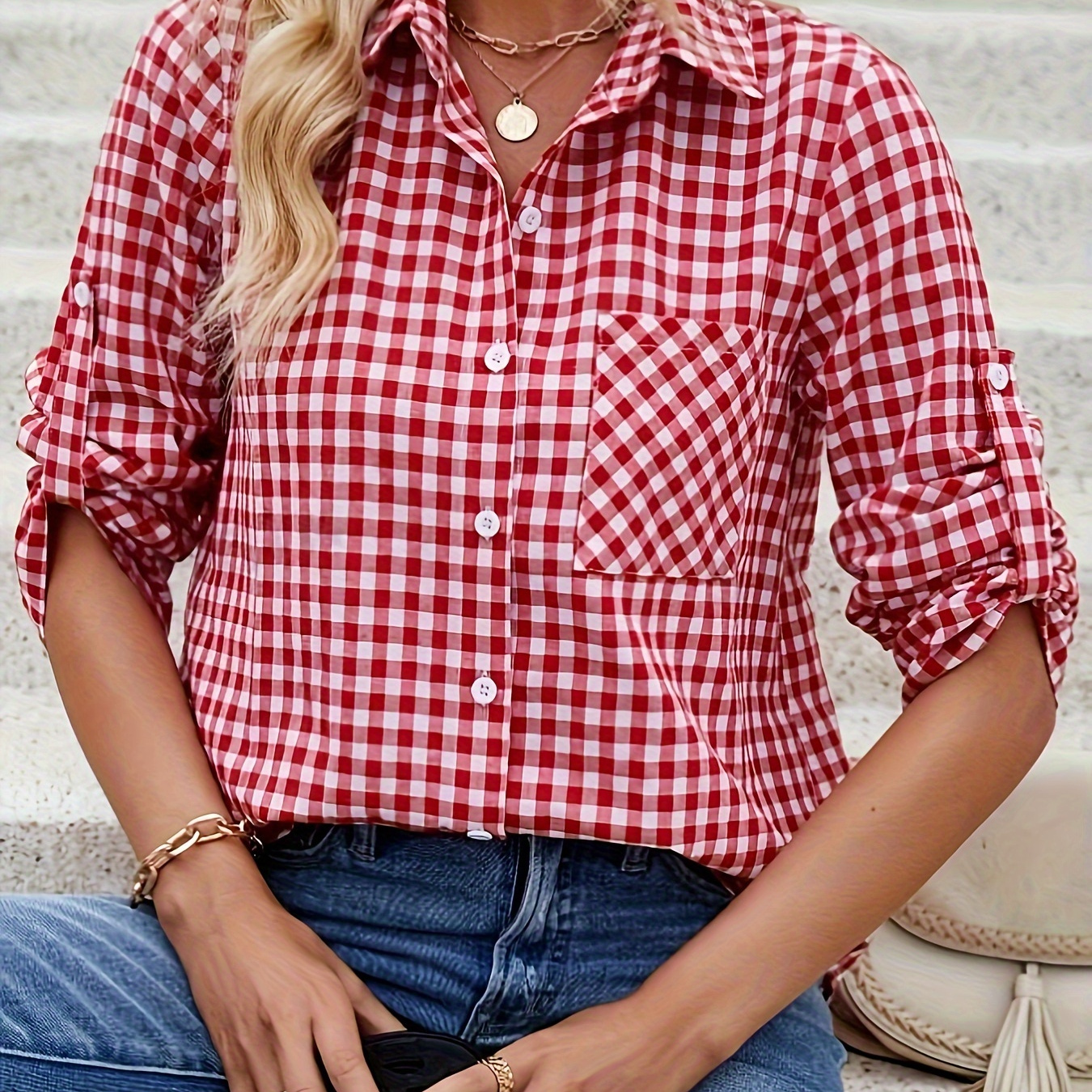 

Plaid Pattern Button Front Shirt, Casual Long Sleeve Lapel Shirt For Spring & Fall, Women's Clothing