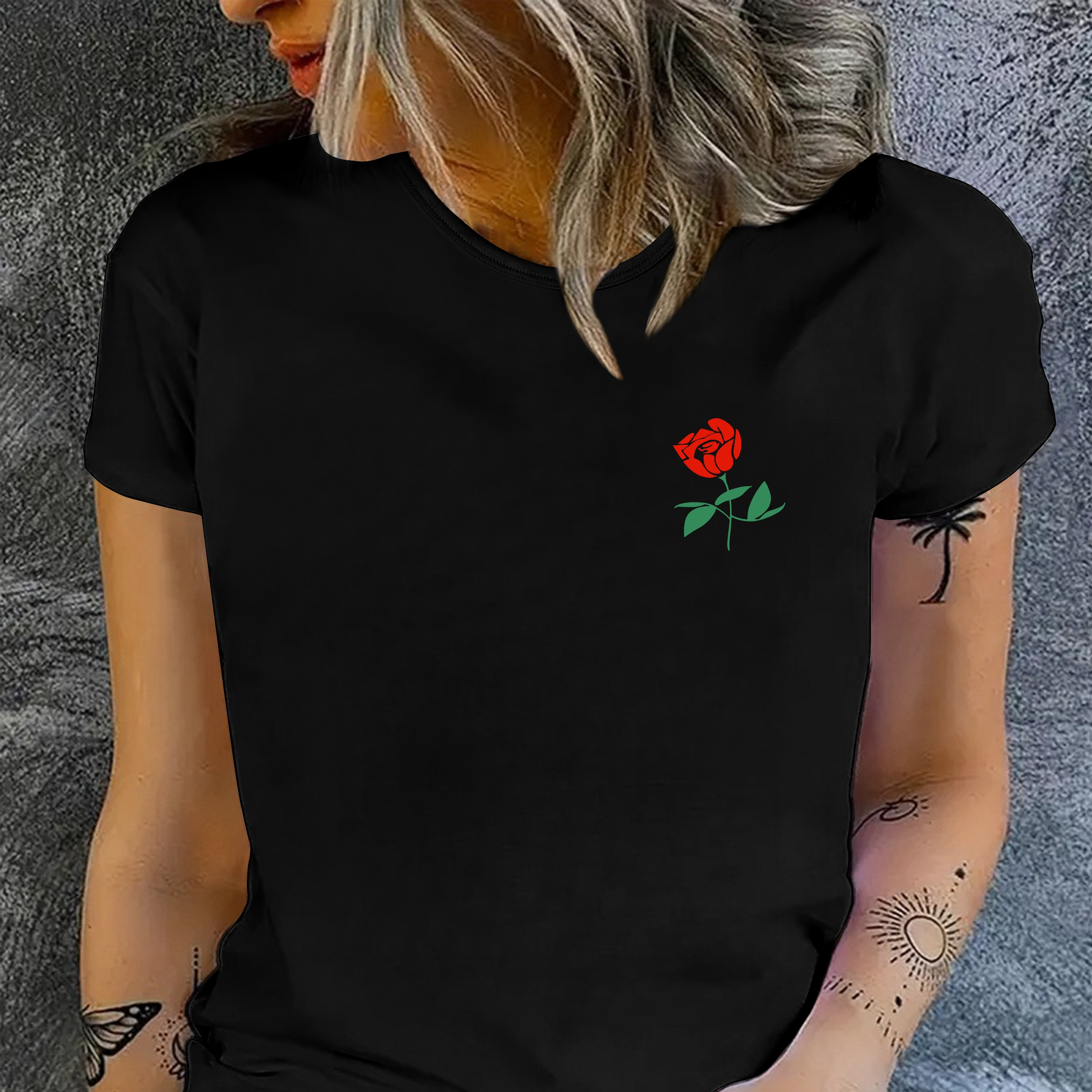 

Rose Print T-shirt, Short Sleeve Crew Neck Casual Top For Summer & Spring, Women's Clothing