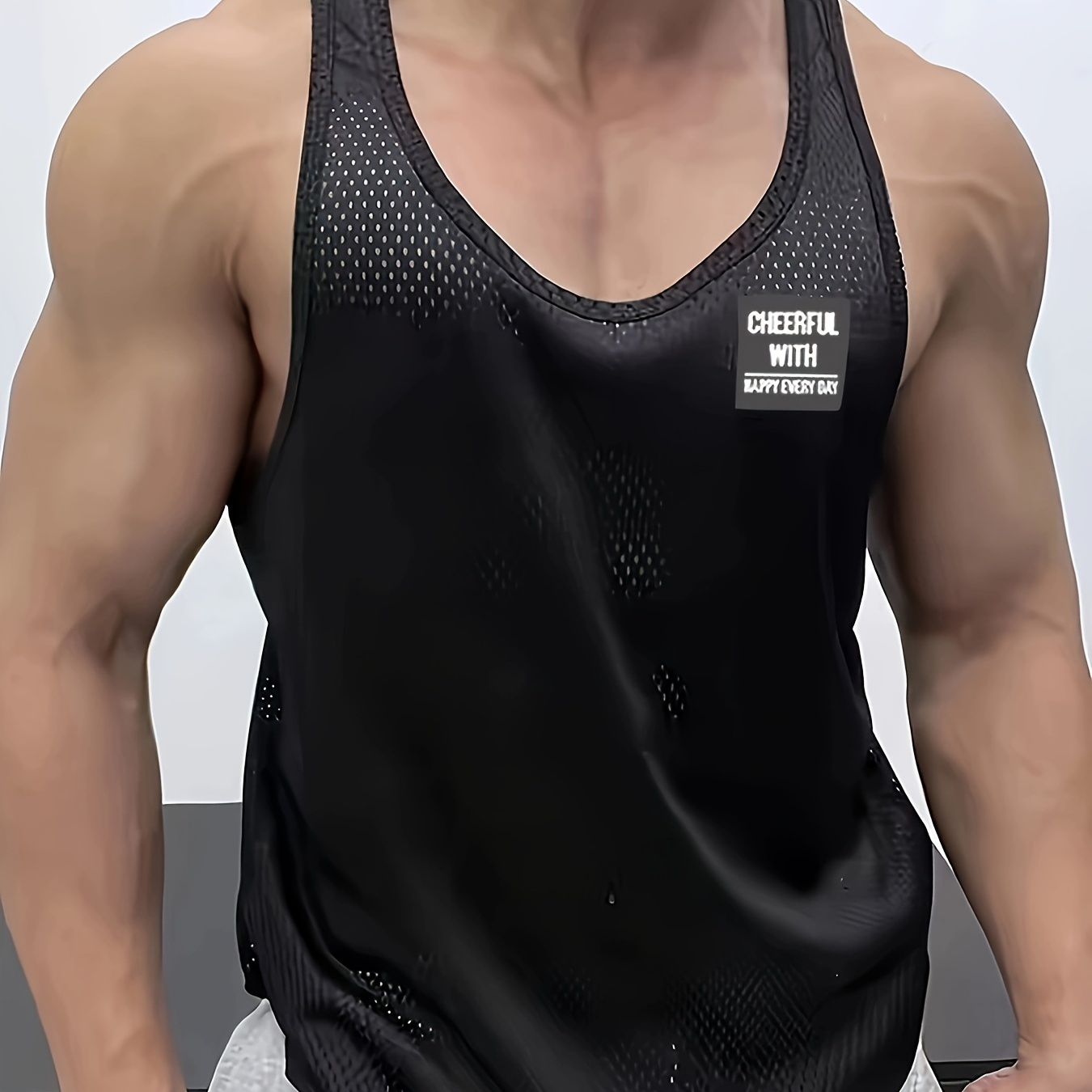 

Men's Summer Fiber Mesh Tank Top, 92% Polyester 8% Spandex, Solid Color, Knit Fabric, Sleeveless, Regular Fit, Staming Detail, Sports Style Vest