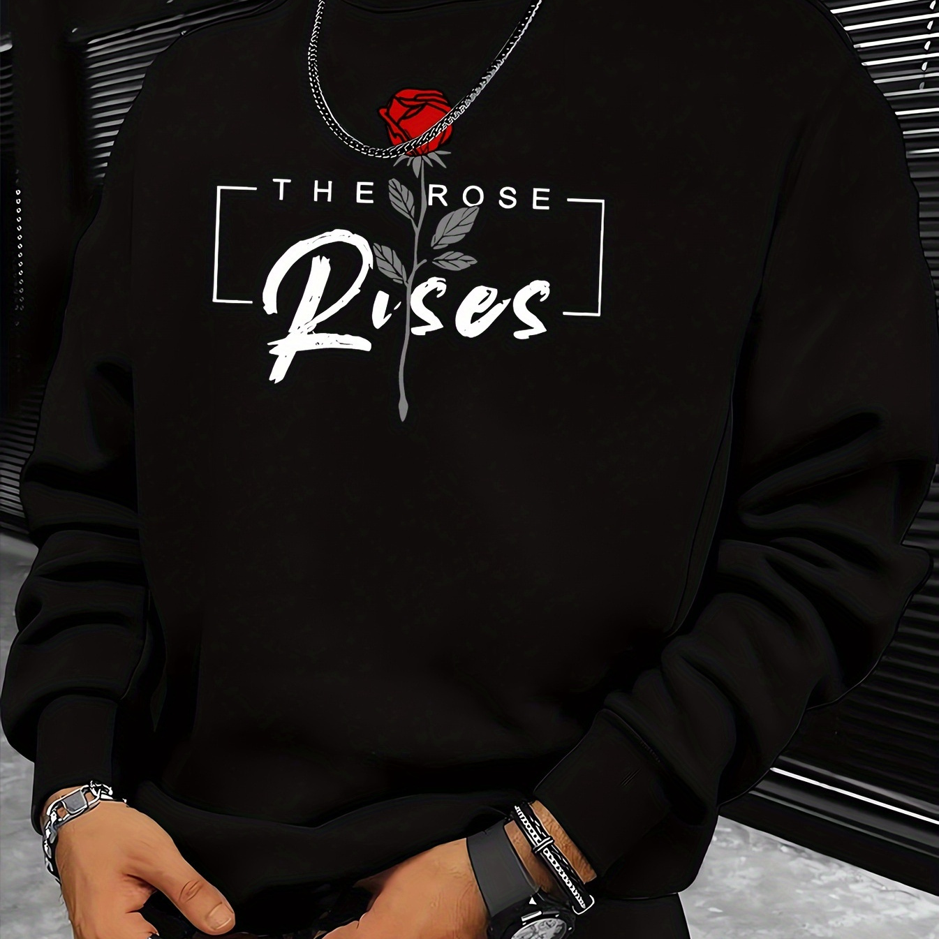 

Roses Pattern Print, Fashionable Crew Neck Pullover Long Sleeve Men's Sweatshirt For Outdoor Sports, For Fall Spring Winter