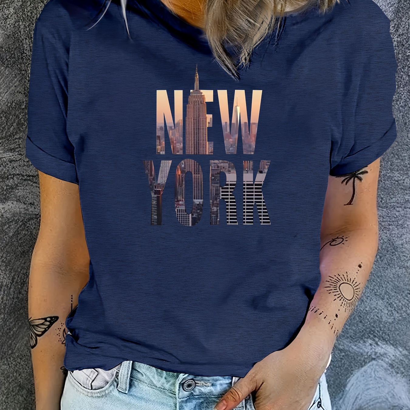 

New York Print T-shirt, Short Sleeve Crew Neck Casual Top For Summer & Spring, Women's Clothing