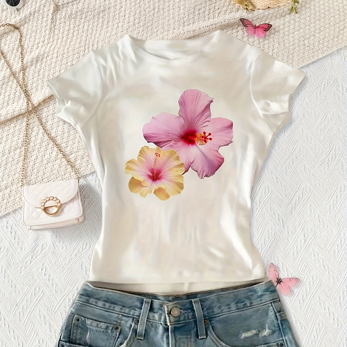 Girls' Vibrant Floral Print Short Sleeve Crop Top - Lightweight Breathable Stretch Fabric, White with Pink & Yellow Hibiscus Flowers, Perfect for Spring/Summer Travel, Casual Outdoor Play, Machine Washable, Ideal Birthday or Back-to-School Gift, Spring Summer Apparel | Floral Print Crop Top | Comfortable Fit, Girls Crop Tops