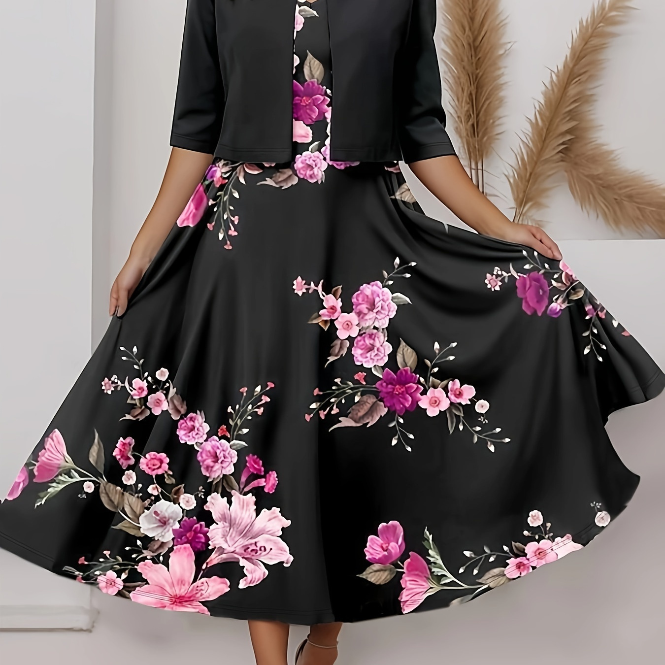 

Elegant Floral Print Dress Set, Crop Open Front Three-quarter Sleeve Top & V Neck A-line Tank Dress Outfits, Women's Clothing