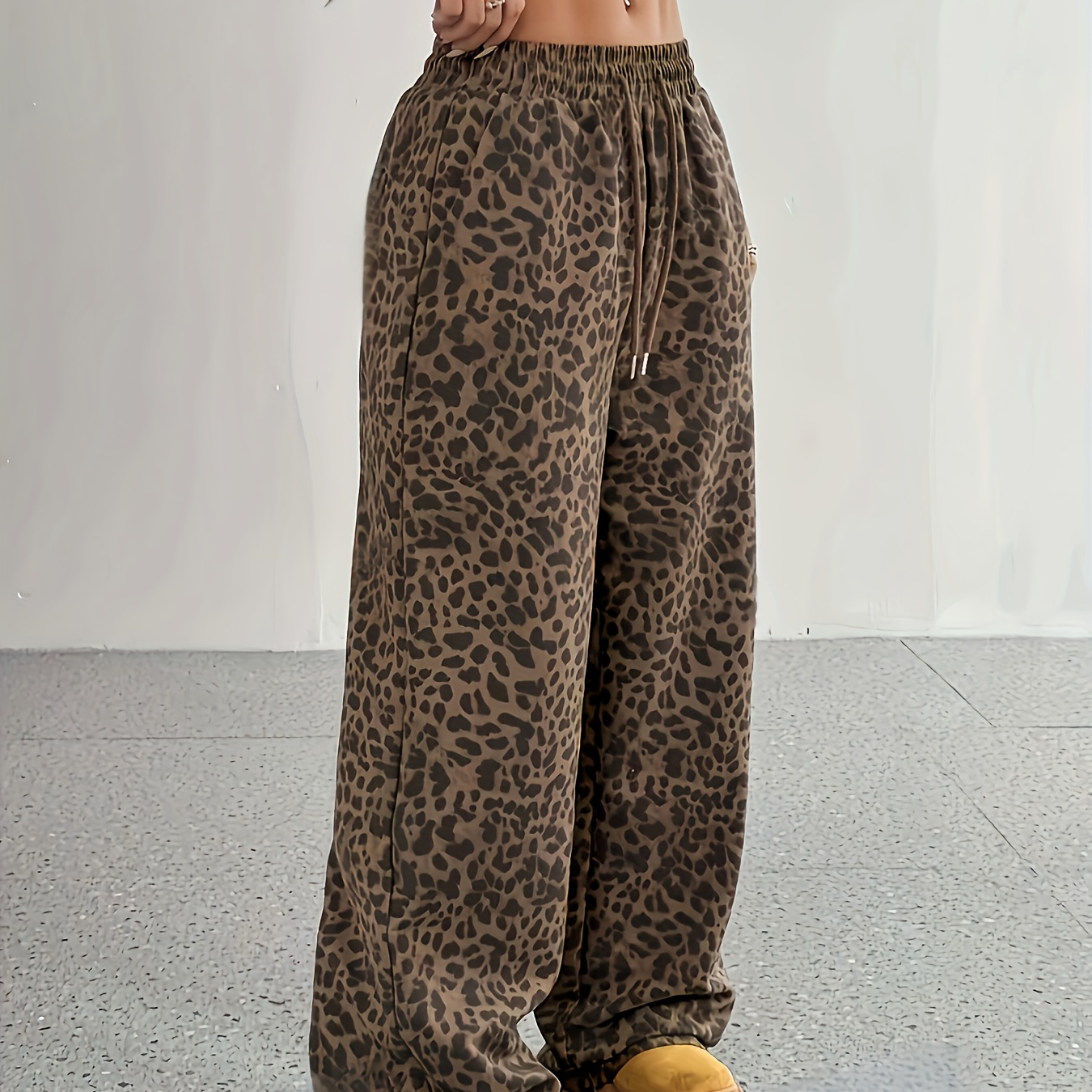 

Women's Leopard Print Drawstring Wide Leg Pants, Casual Polyester Spandex , Woven Fabric, 140g/m², Spring/summer/fall - Adult Fashion