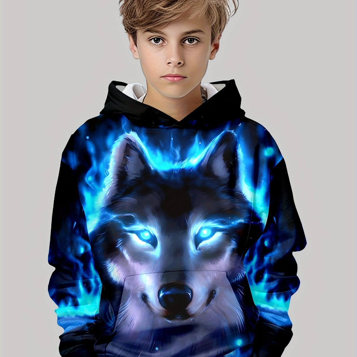 

Blue Flame Wolf 3d Print Boys Long Sleeve Hoodie, Stay Stylish And Cozy Sweatshirt - Perfect Spring Fall Essential For Your Fashionista!