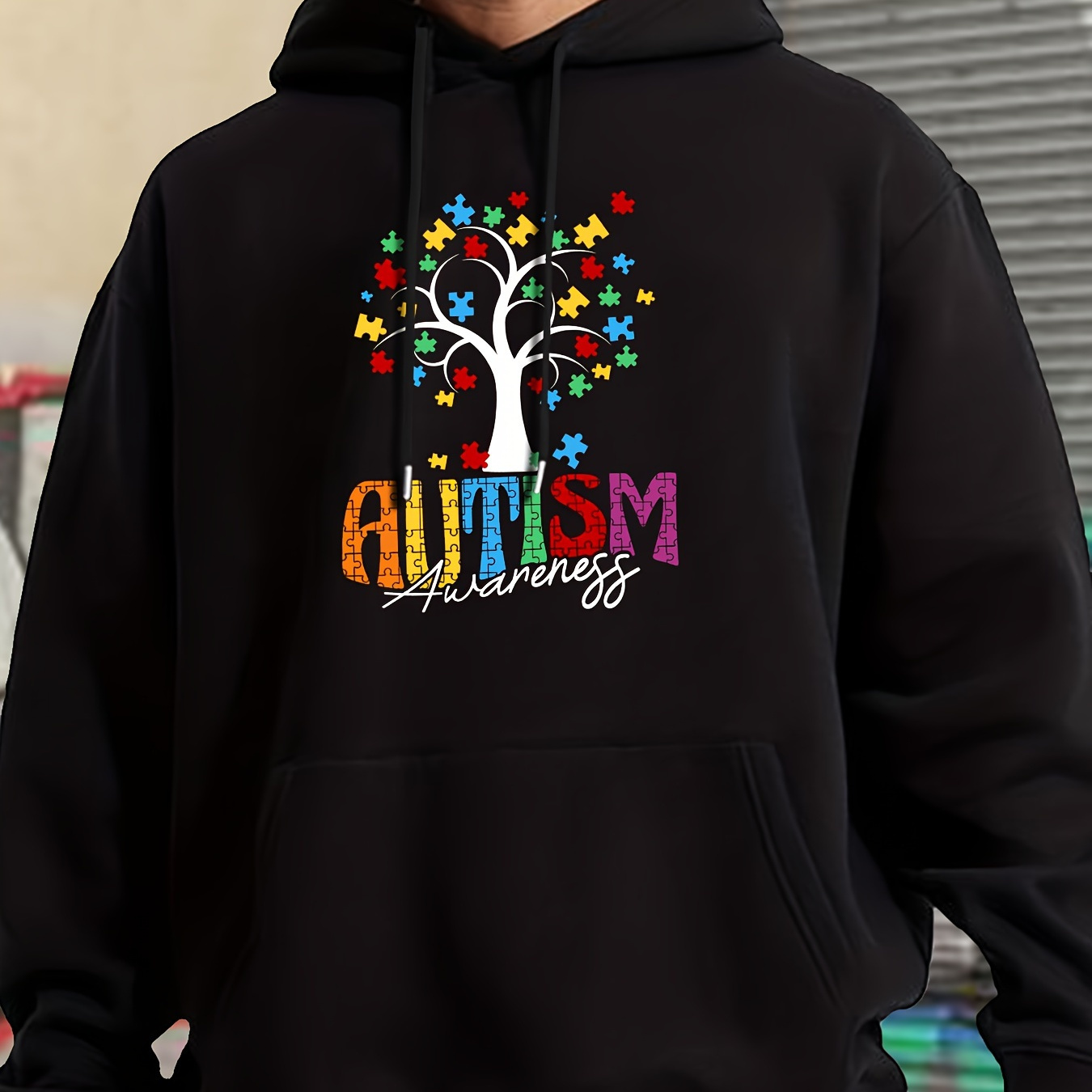 

Autism Print Kangaroo Pocket Hoodie, Casual Long Sleeve Hoodies Pullover Sweatshirt, Men's Clothing, For Fall Winter