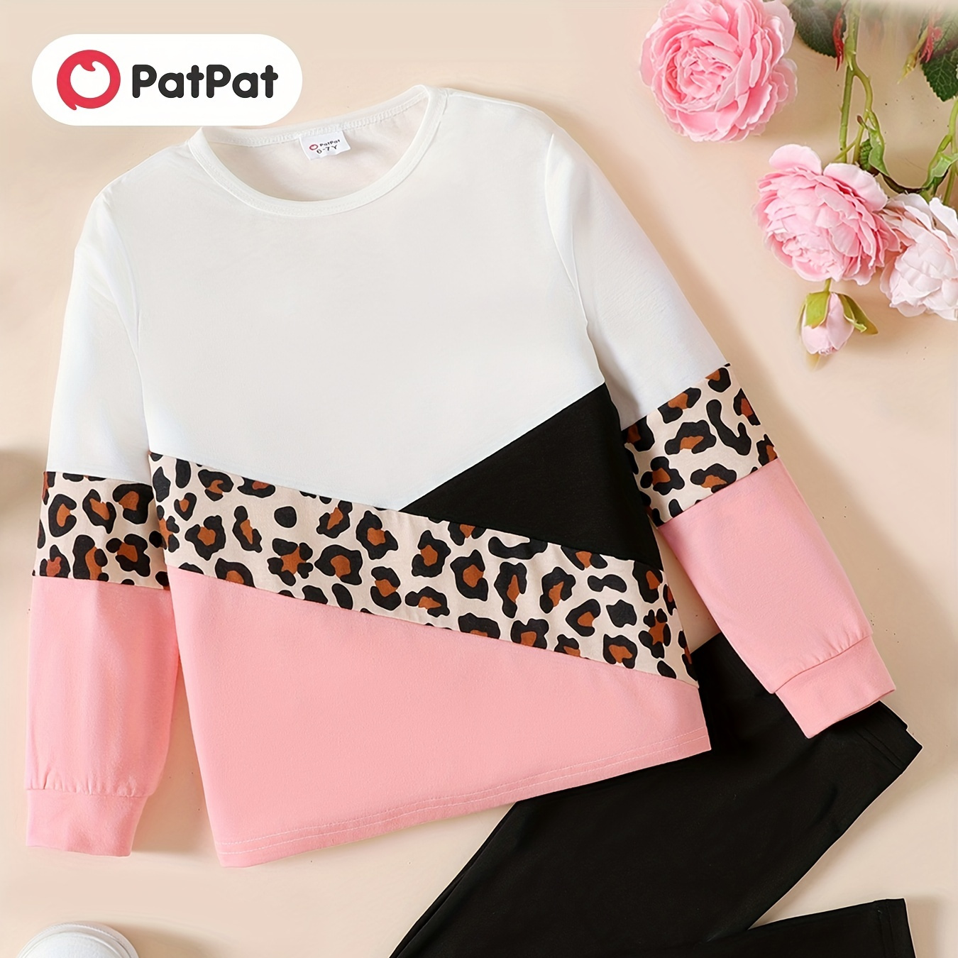 

Patpat 2pcs Kid Girl Casual Leopard Print Colorblock Round Neck Long-sleeve Tee And Black Leggings Set For Spring & Autumn/fall