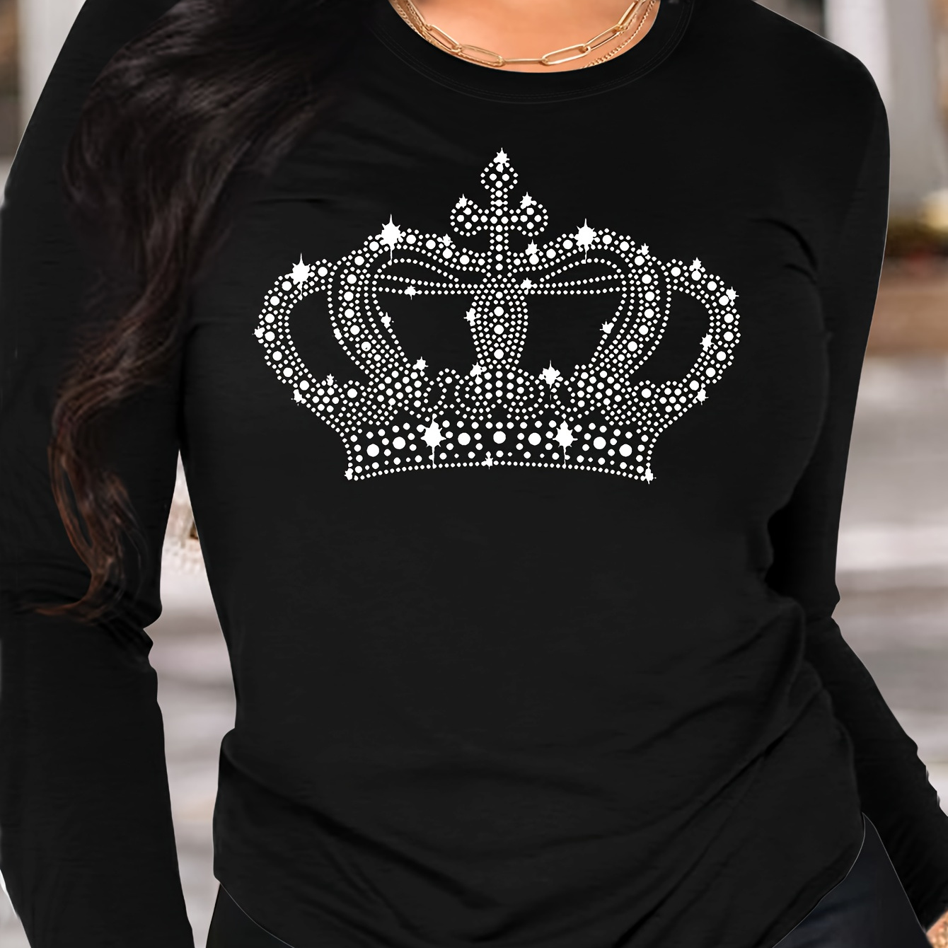 

Crown Print T-shirt, Long Sleeve Crew Neck Casual Top For Spring & Fall, Women's Clothing