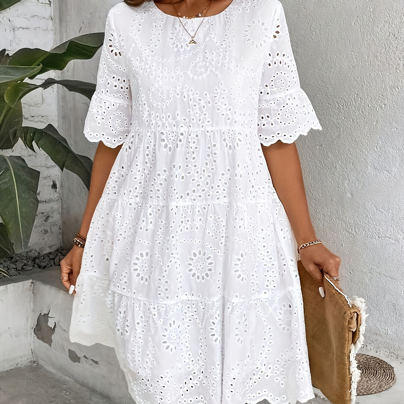 

1pc Elegant Eyelet Embroidery Dress, Polyester 95% Elastane 5% Hollow Peplum Crew Neck Dress For Adults, Woven Solid Color