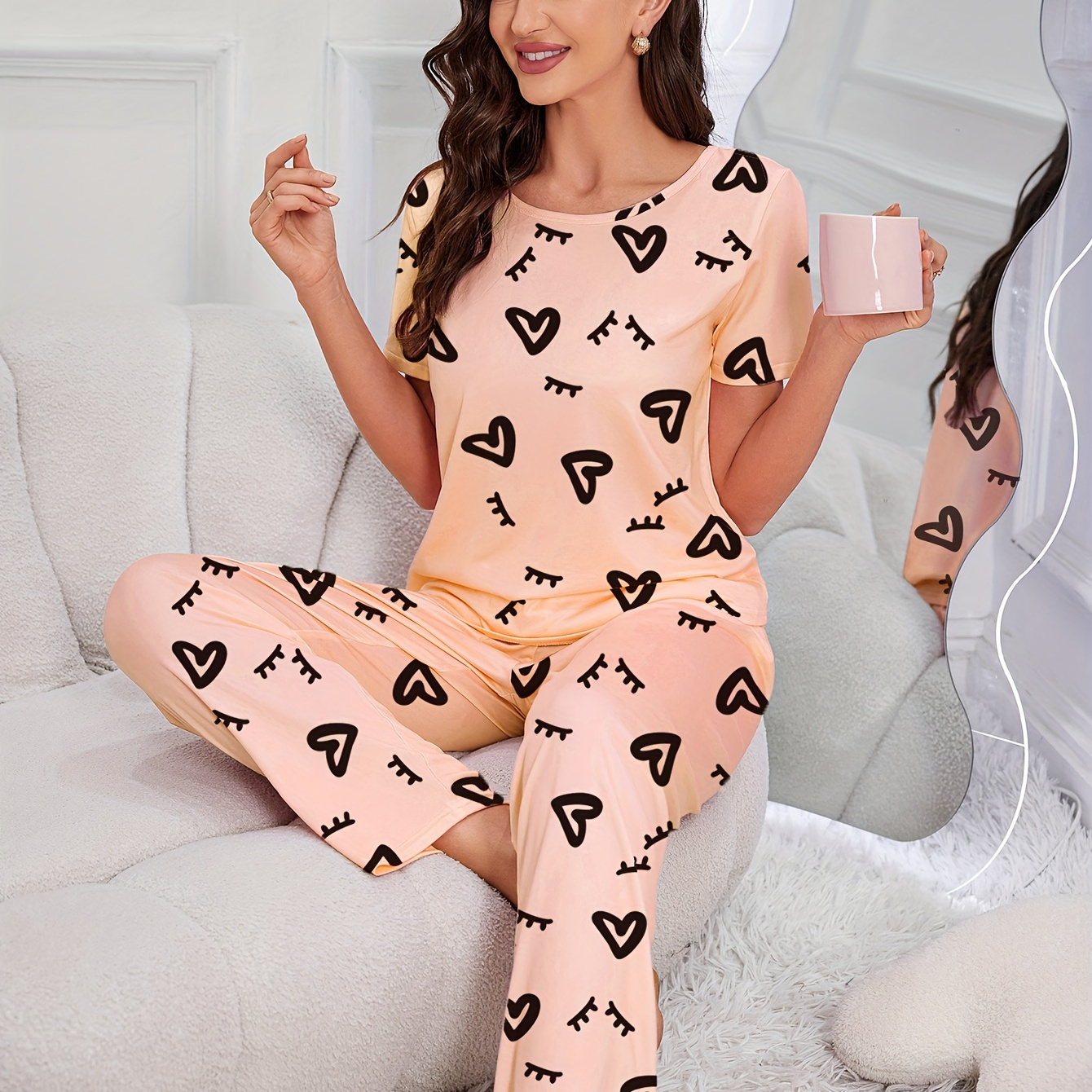 

Women's Cozy Heart And Eyelash Print Pajama Set - Short Sleeve Round Neck Top & Long Pants, Soft Knit Sleepwear/loungewear In Peach Pink, Sleepwear Set| Pajamas|stretchy Material