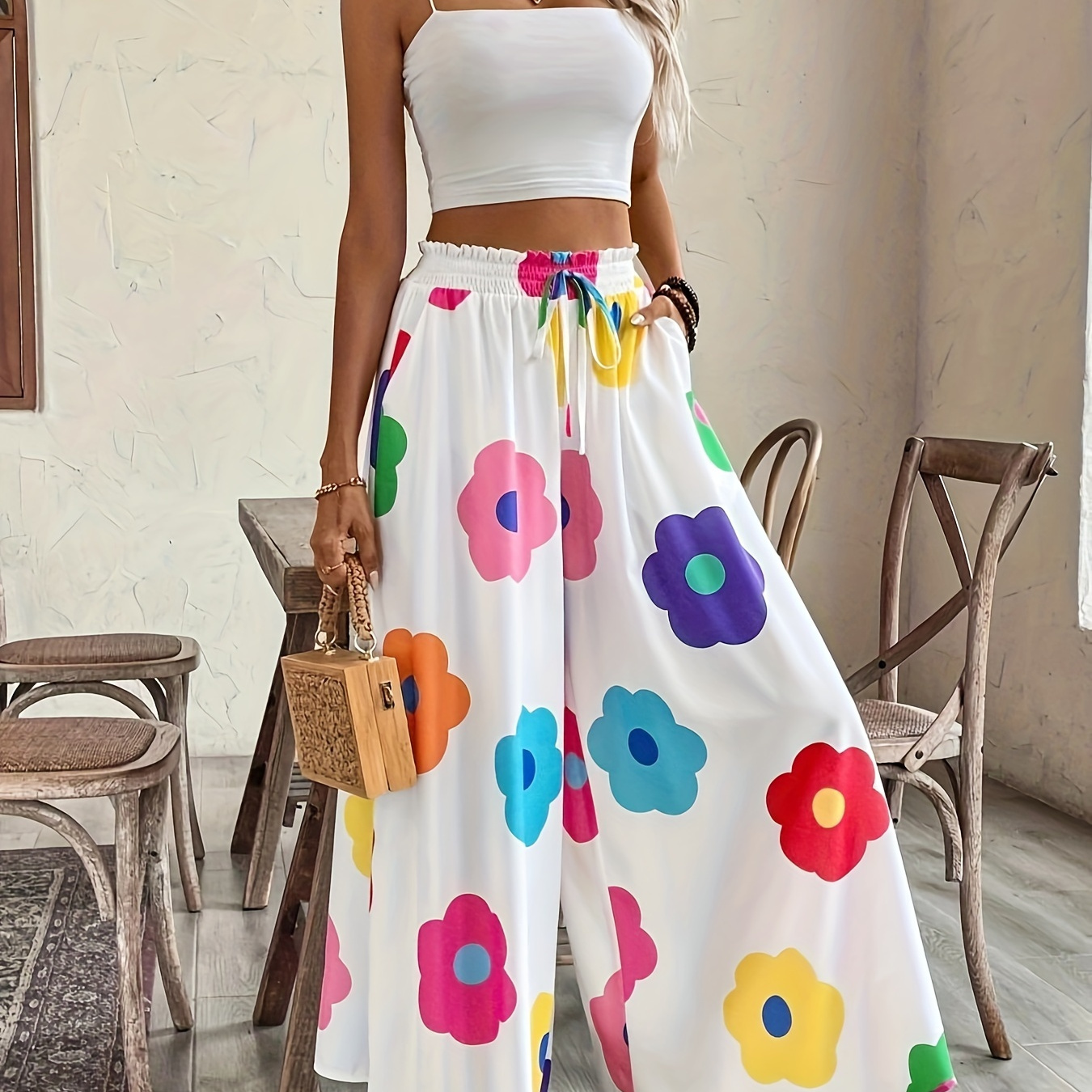 

Floral Print Fake Drawstring Waist Pants, Casual & Versatile High Waist Wide Leg Loose Pants For Daily Wear, Women's Clothing
