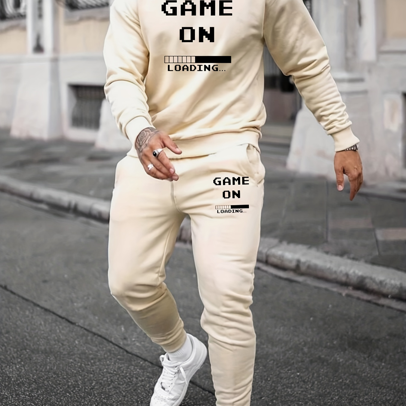 

Men's 2pcs Outfits, Game Loading Print, Casual Long Sleeve Crew Neck Pullover Sweatshirt And Drawstring Sweatpants Joggers Set For Spring Fall, Men's Clothing