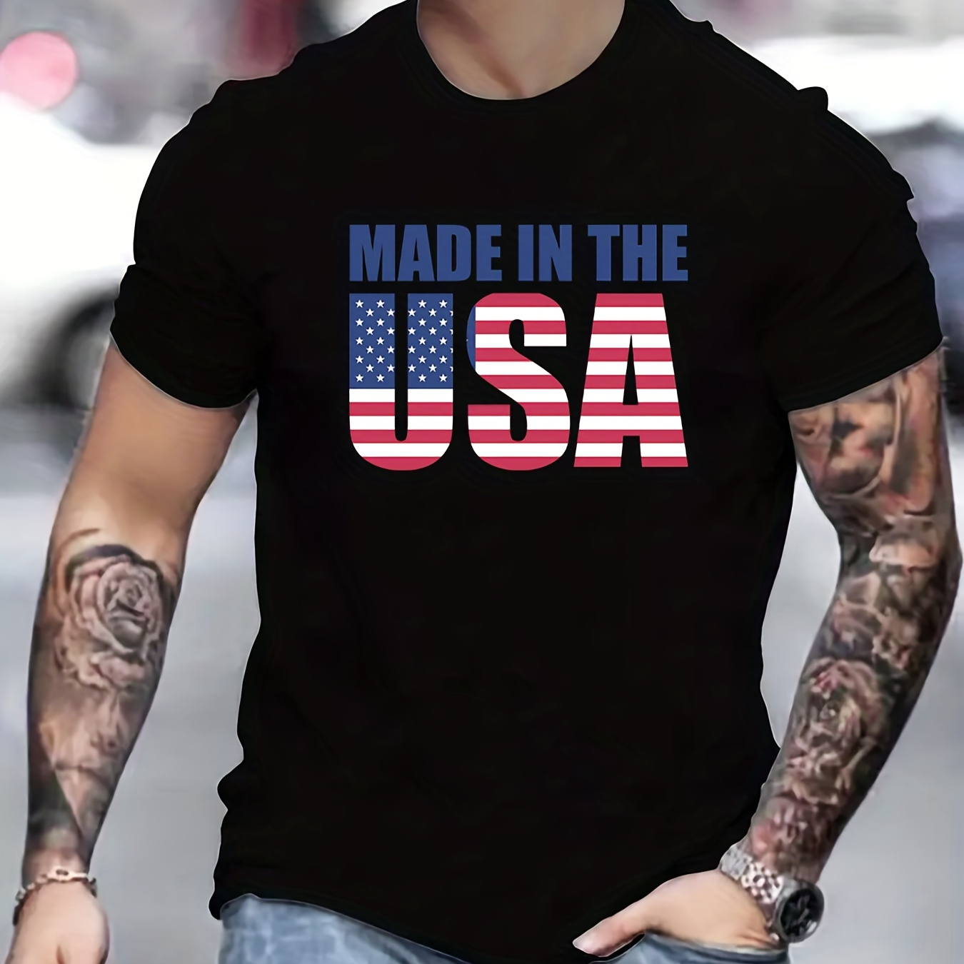 

Made In The Usa Pattern Print Men's T-shirt, Graphic Tee Men's Summer Clothes, Men's Outfits