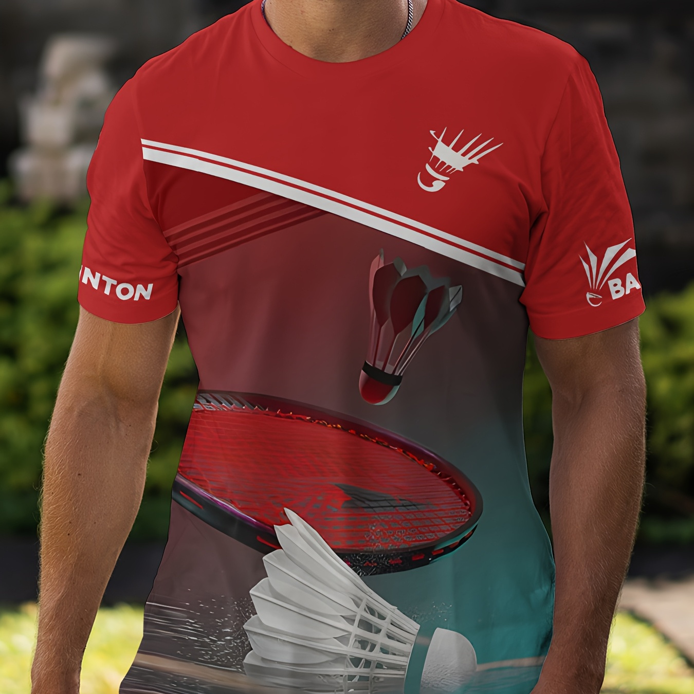 *'s Fashionable Short Sleeve T-Shirt with 3D Badminton Print, Loose Fit,  Round Neck, Polyester Summer Casual Wear, Innovative