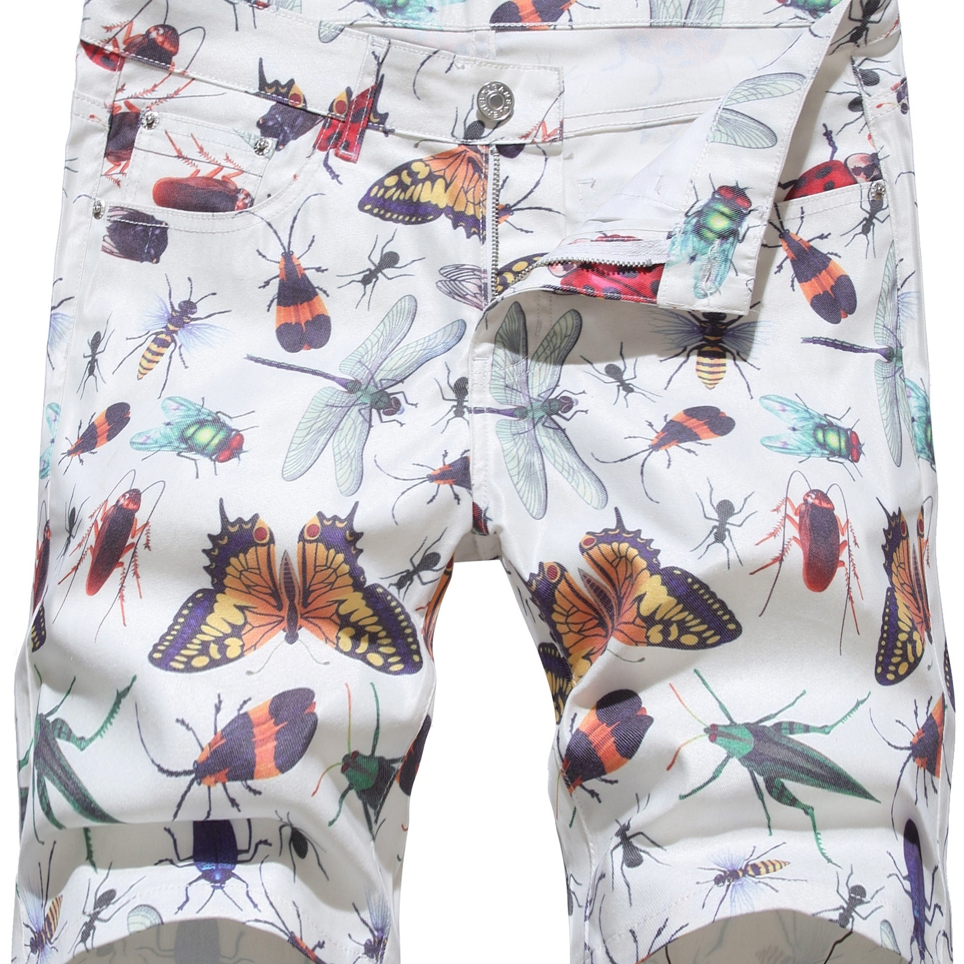 

Allover Insect Cotton Denim Shorts, Men's Casual Creative Digital Print Denim Shorts For Summer