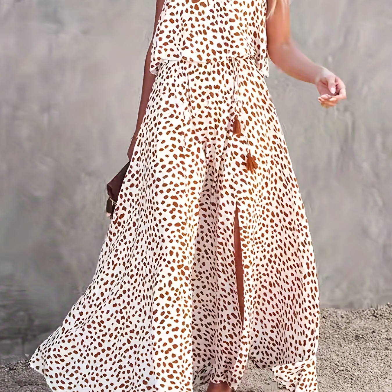 

Full Printed Split Thigh Dress, Elegant Off Shoulder Maxi Dress, Women's Clothing