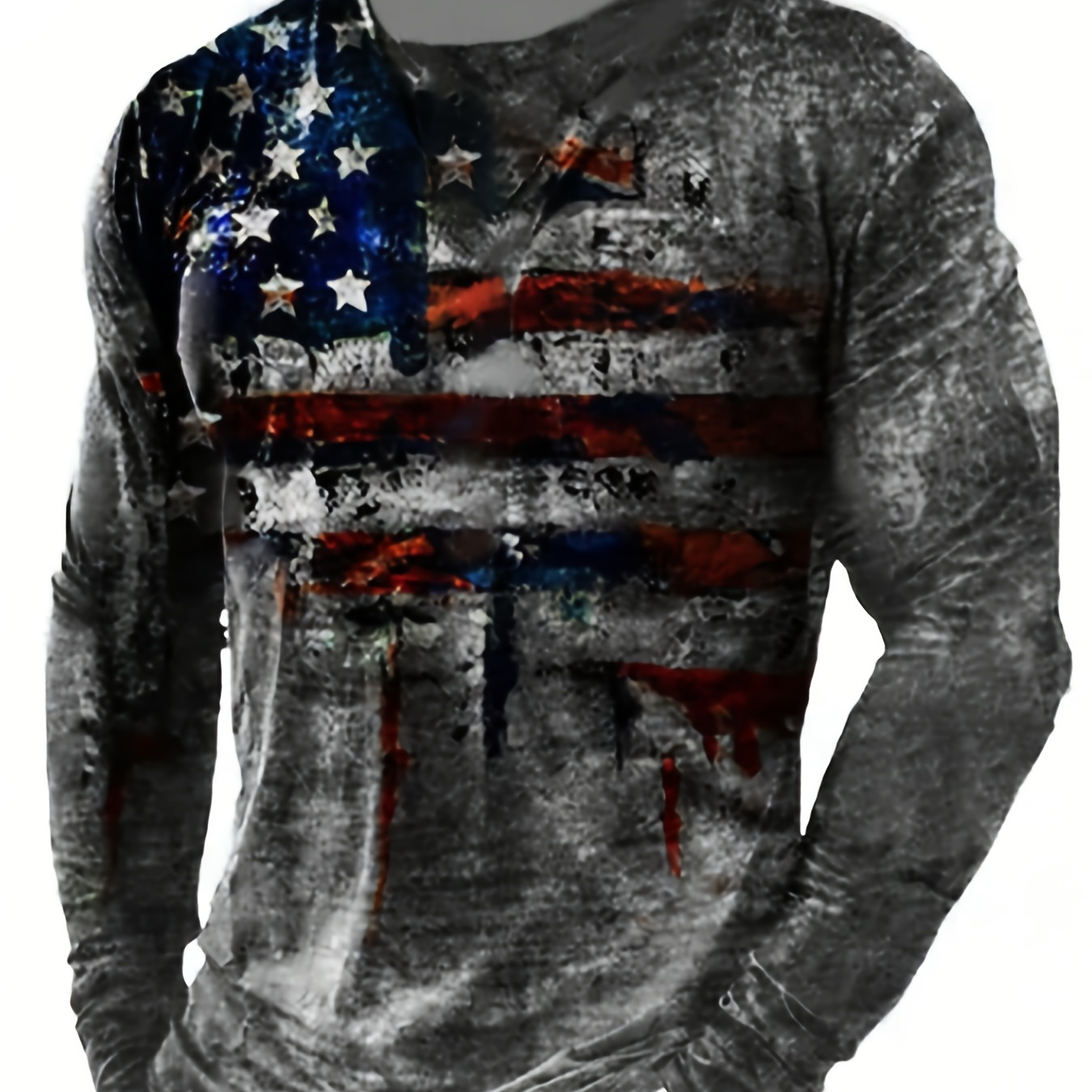 

1pc Men's Long Sleeve Crew Neck T-shirt, Patriotic American Flag Print, Casual Knit Polyester Top With Slight Stretch, Regular