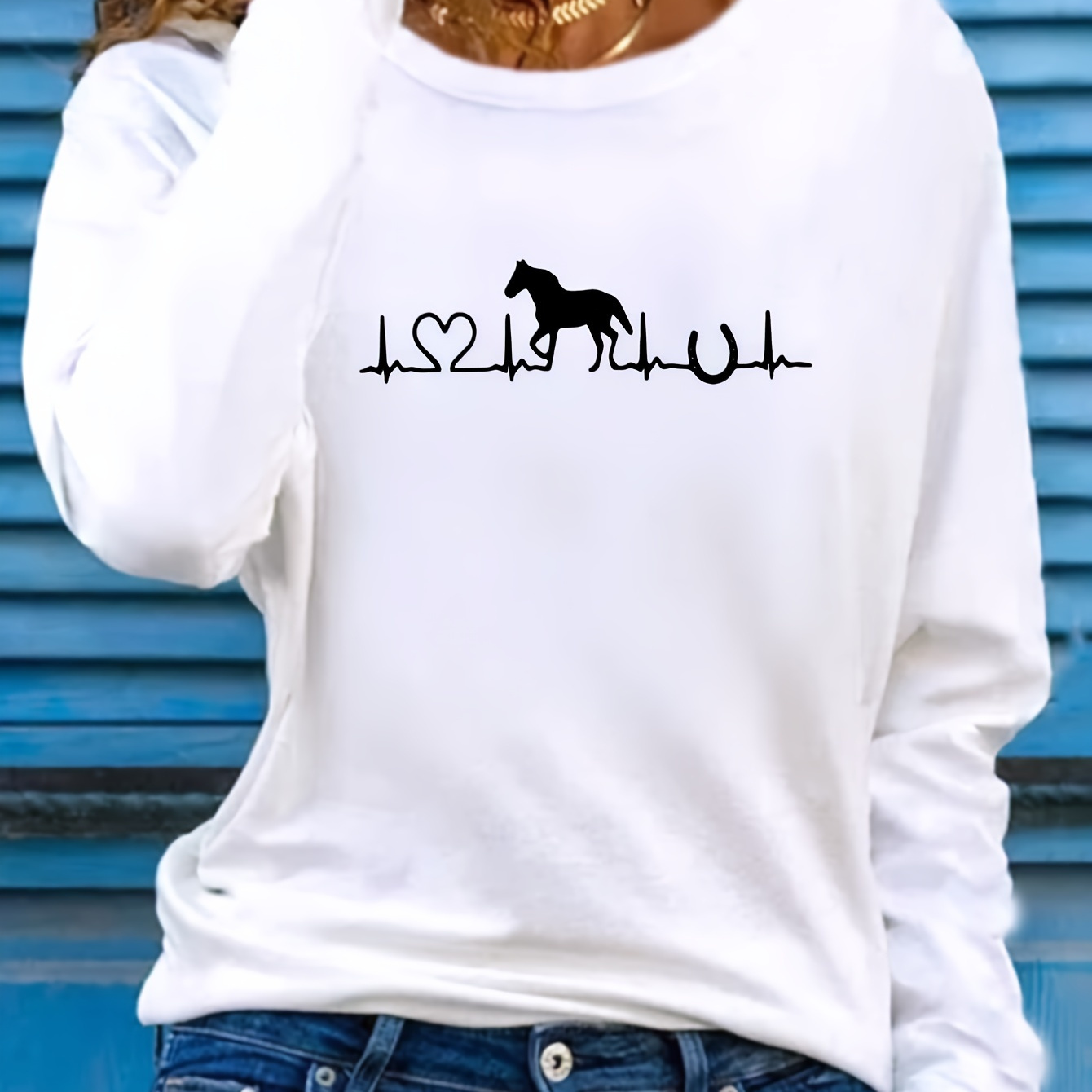 

Women's Casual Long Sleeve T-shirt With Unique Horse Print - Crew Neck, Soft Polyester , Machine Washable - Fall & Winter,