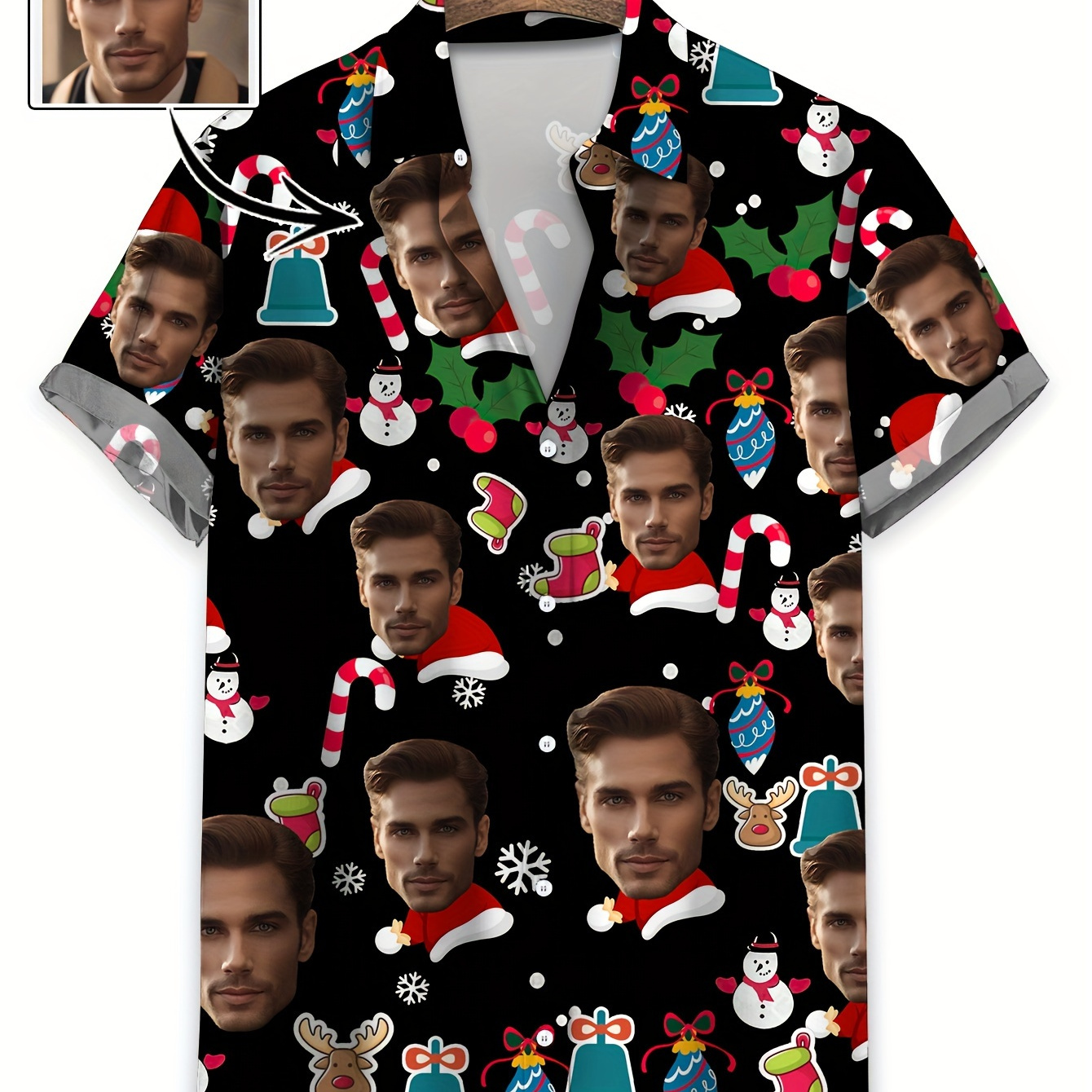 

Men's Customizable Photo Chrsitmas Themed Pattern Short Sleeve Lapel Shirt For All Seasons, Hawaii Style Personalized Shirt Creative Gift