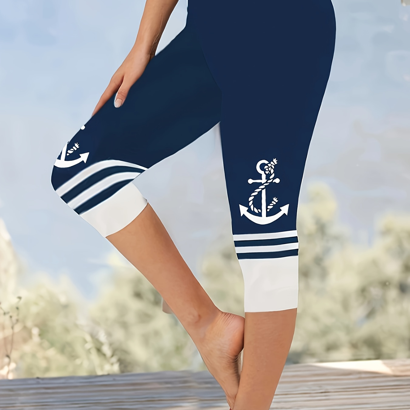 

Anchor Print Skinny Capri Leggings, Casual High Waist Stretchy Leggings, Women's Clothing