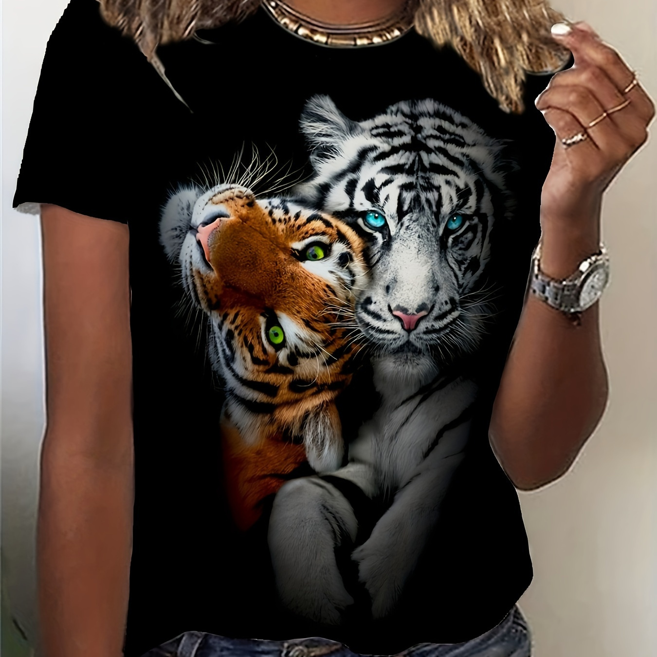 

T-shirt imprimé tigre, T-shirt décontracté à manches courtes et col rond pour et l'été, vêtements pour femmes