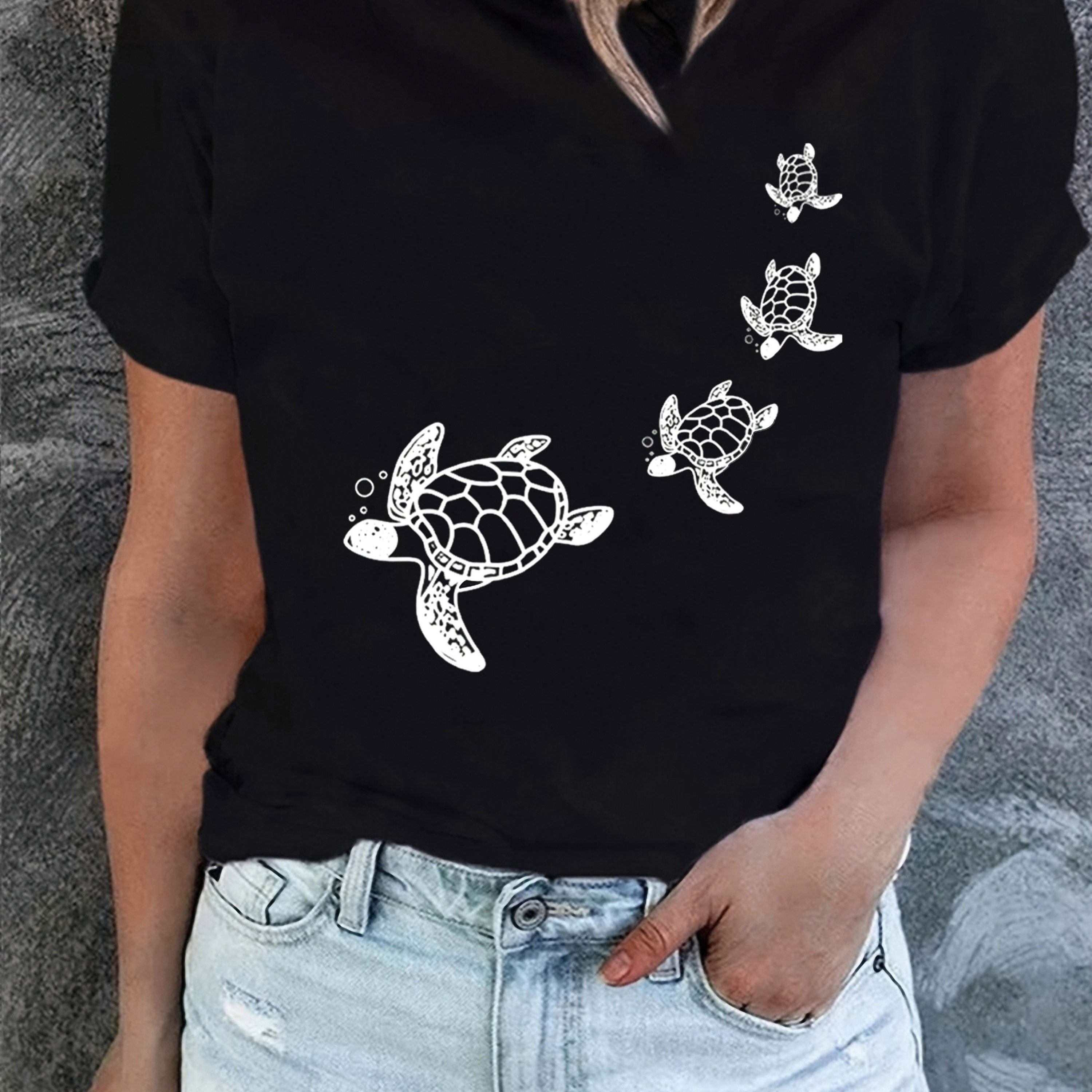 

Turtle Print T-shirt, Short Sleeve Crew Neck Casual Top For Summer & Spring, Women's Clothing