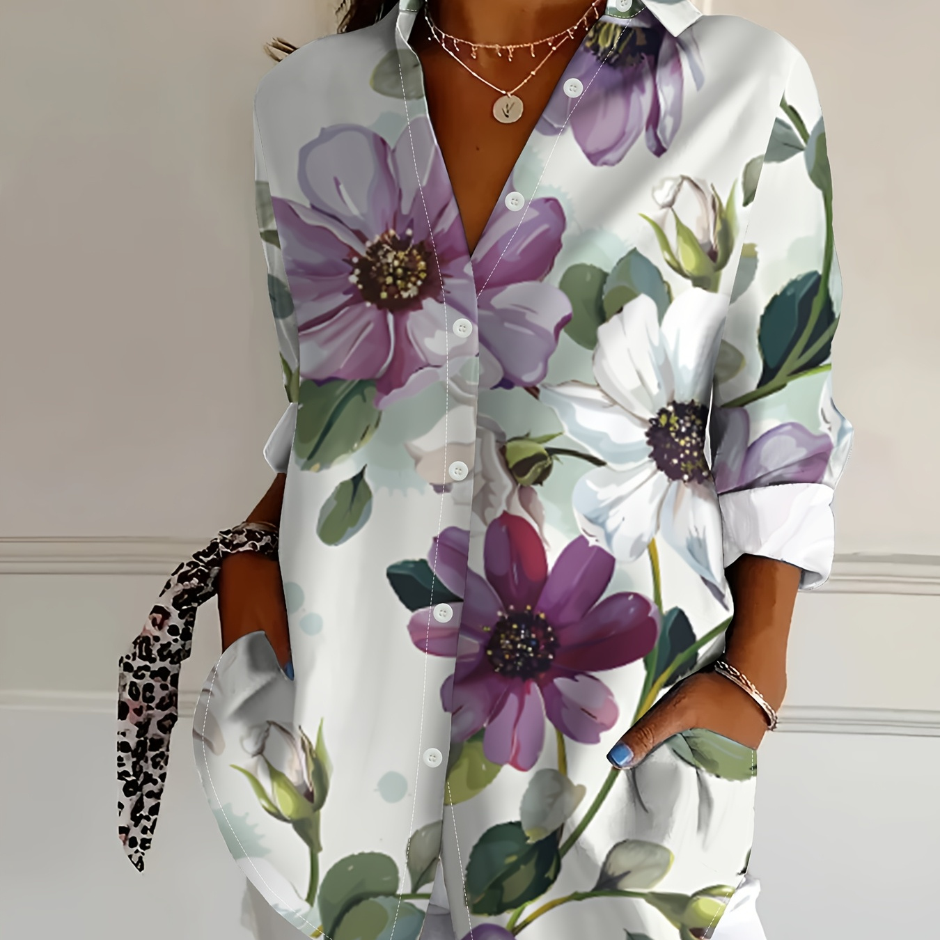 

Elegant Floral Print Blouse For Women, Casual Lapel Collar Long Sleeve Shirt, Dacron & Spandex , Button Detail, Woven Top