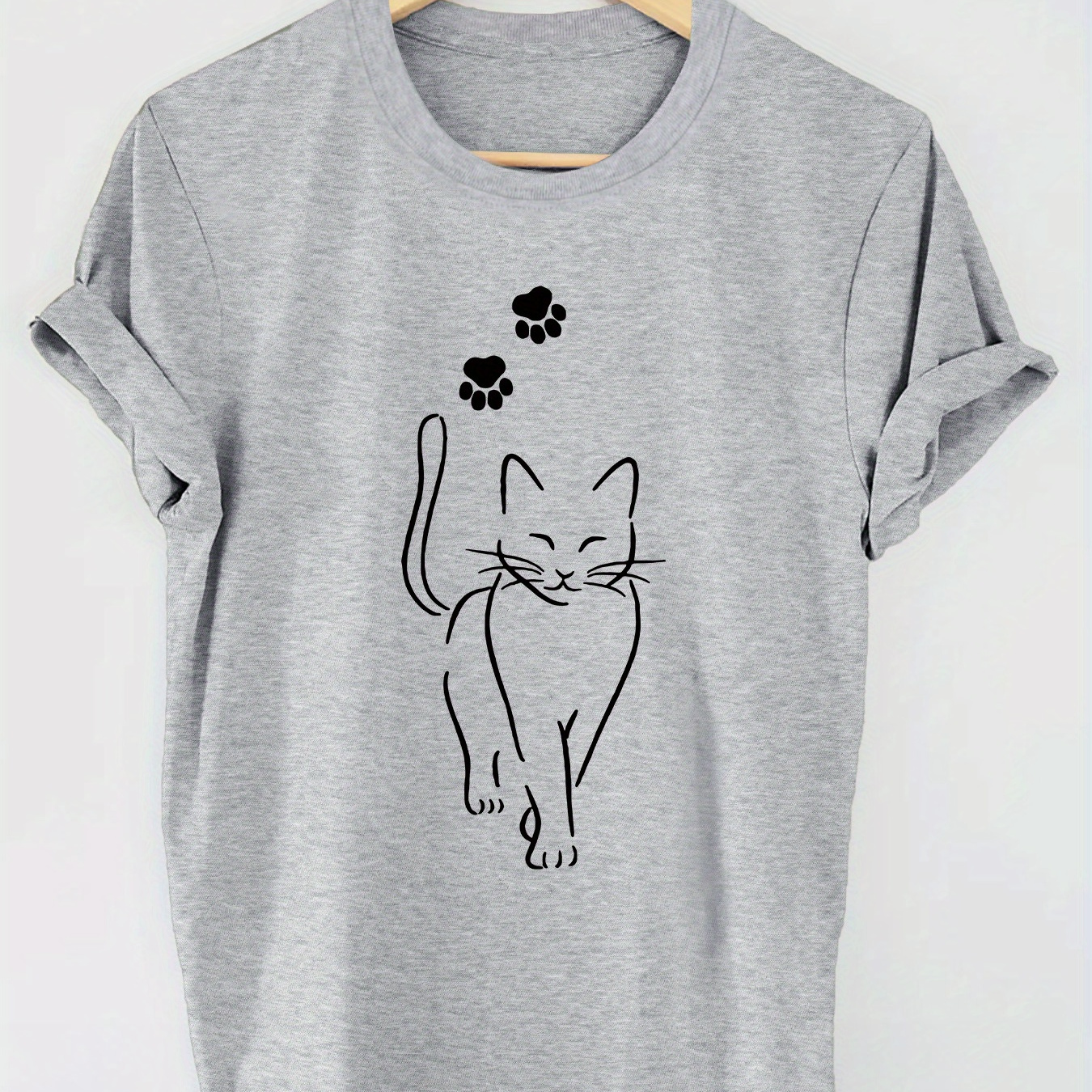 

Cat & Paws Print T-shirt, Short Sleeve Crew Neck Casual Top For Summer & Spring, Women's Clothing
