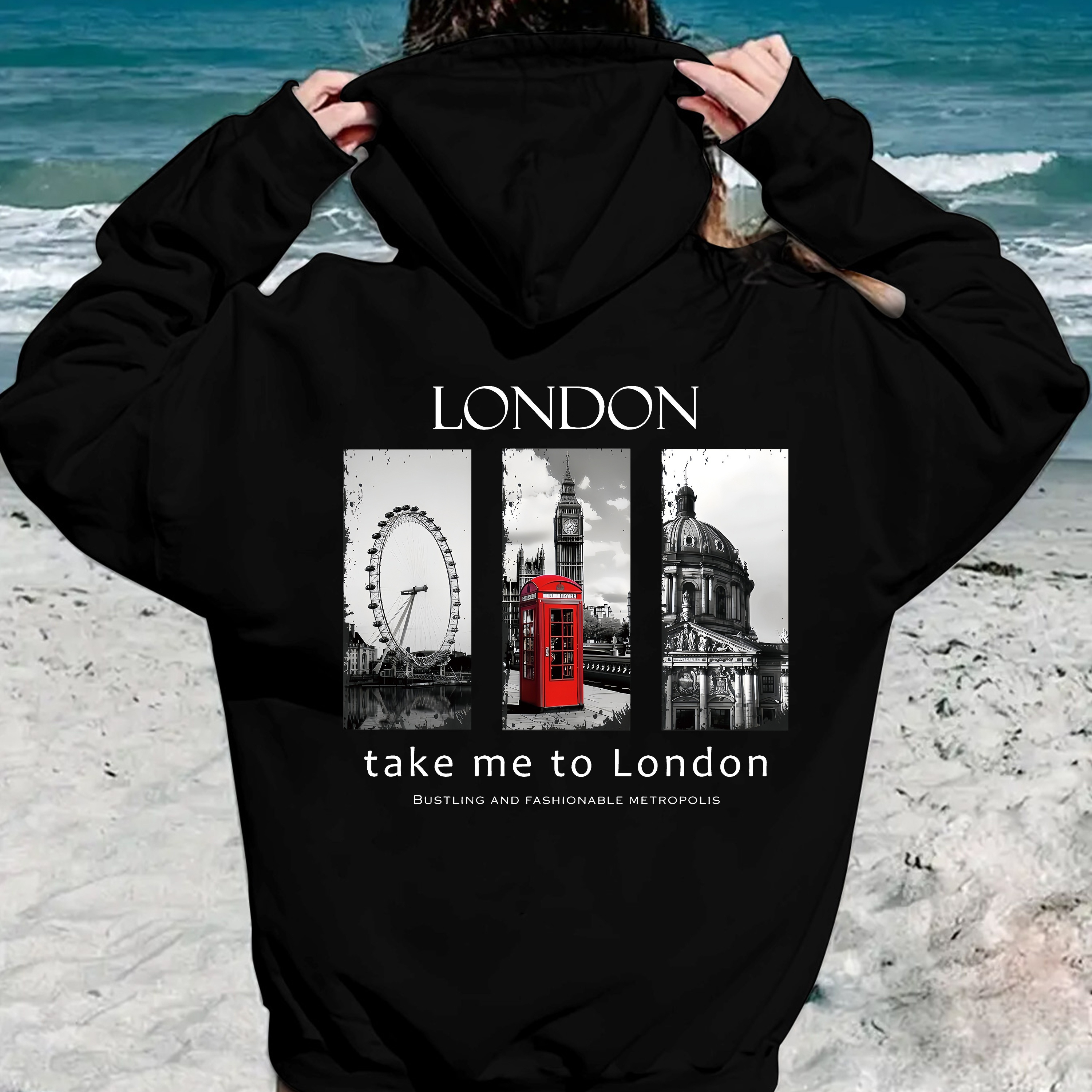 

London-inspired Women's Hoodie With Drawstring & Front Pocket - Casual Long Sleeve Pullover, Polyester, Machine Washable